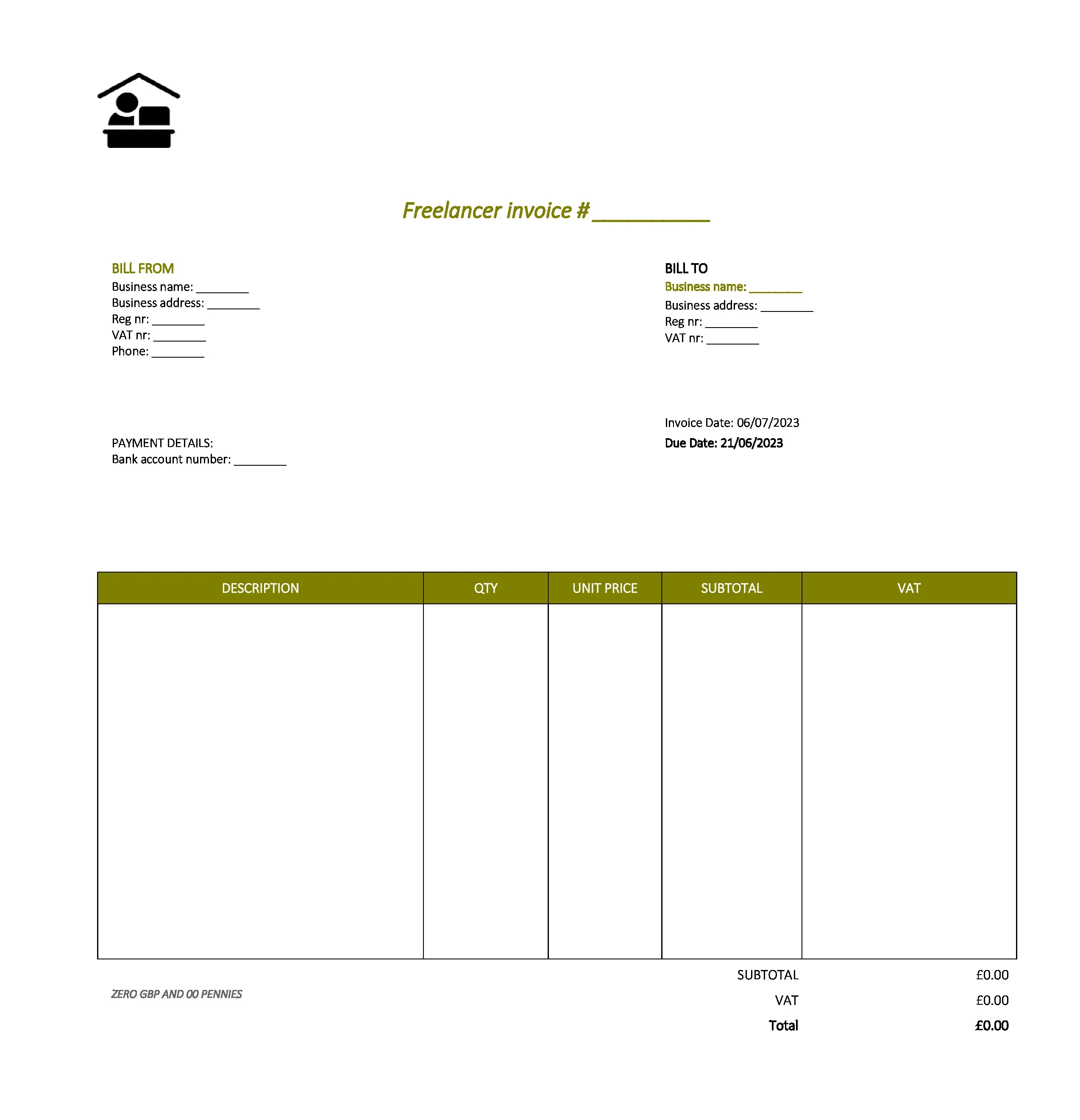 minimalist freelancer invoice template UK Excel / Google sheets