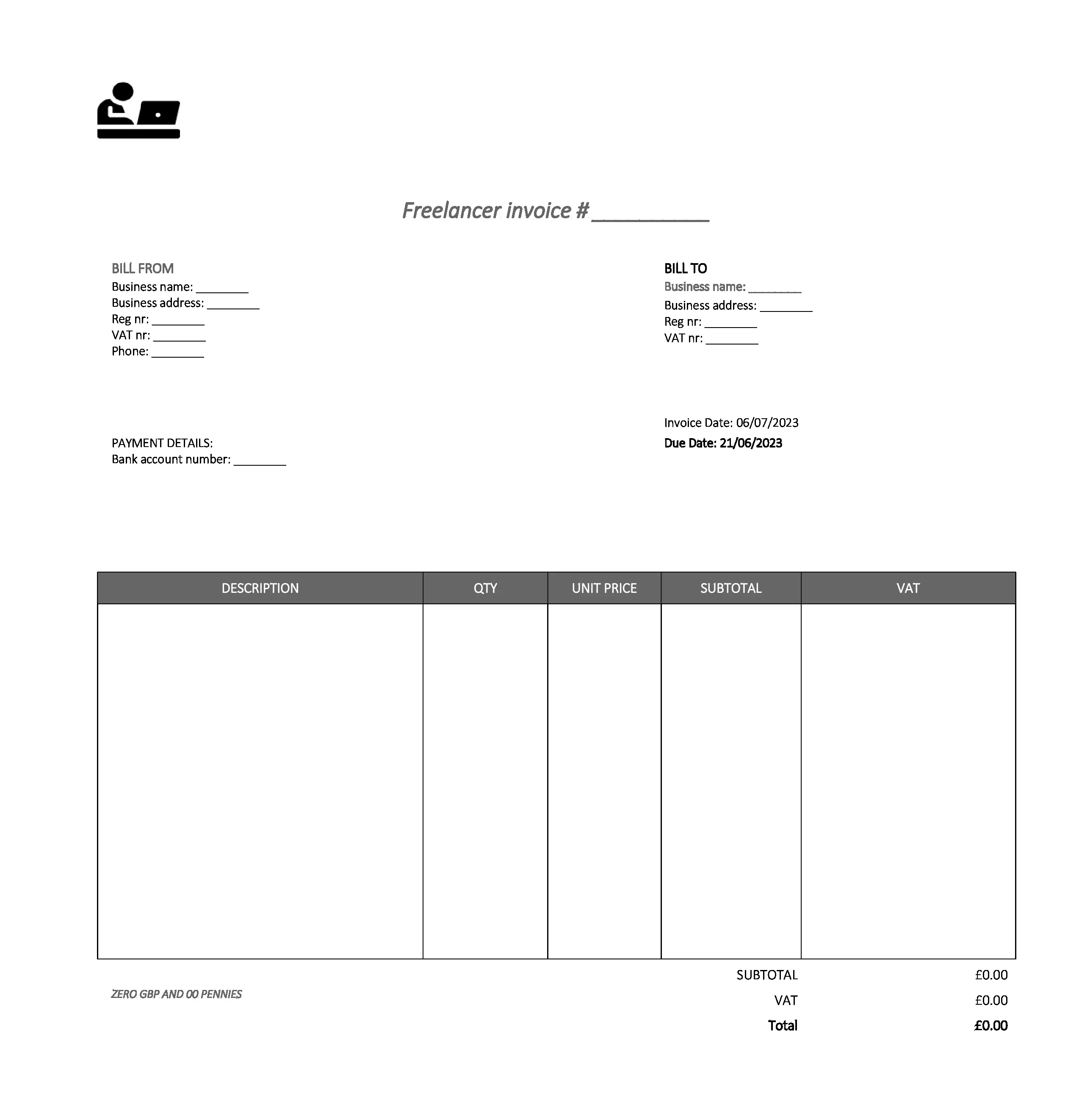 fancy freelancer invoice template UK Excel / Google sheets