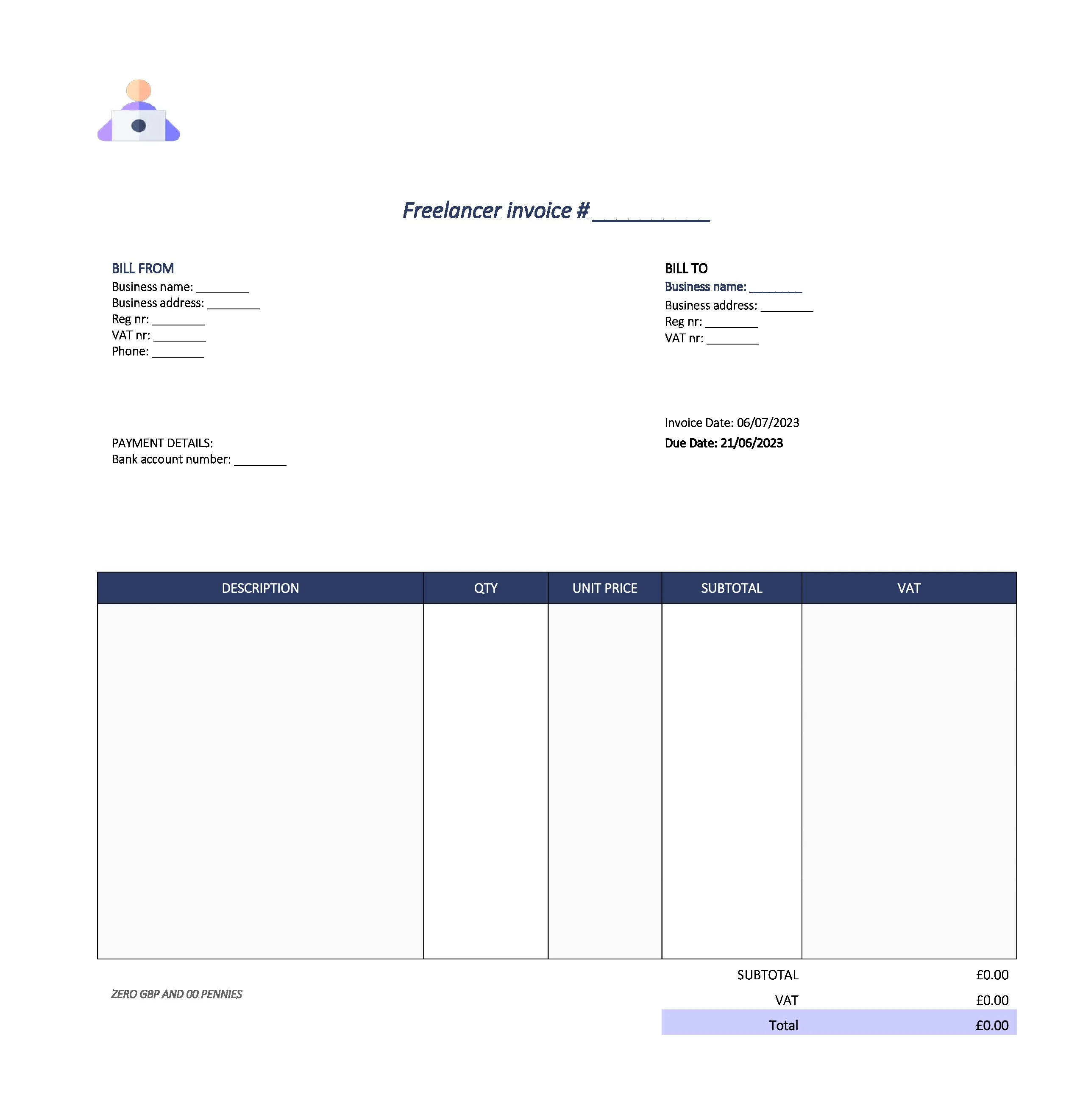 cute freelancer invoice template UK Excel / Google sheets