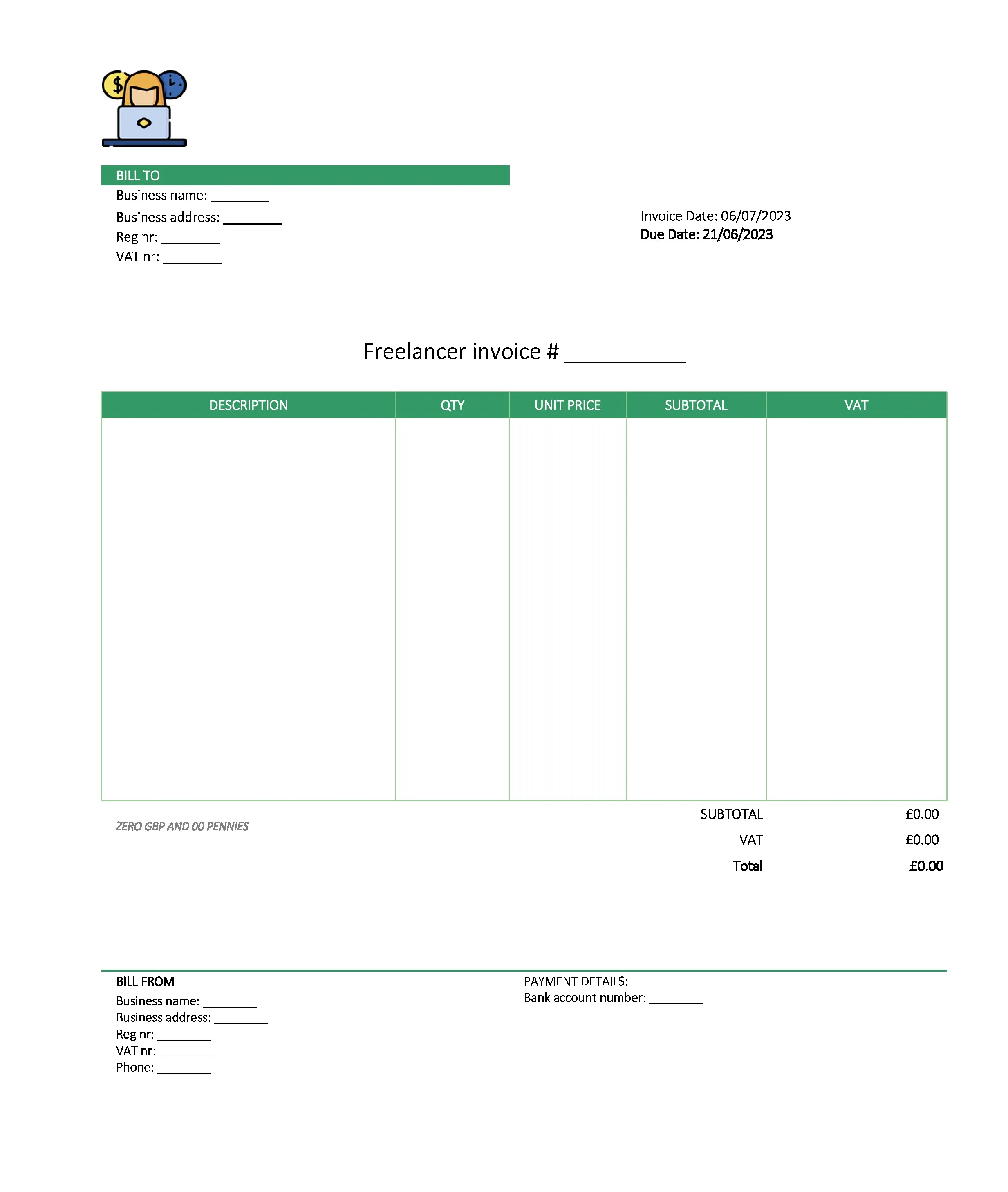 digital freelancer invoice template UK Excel / Google sheets