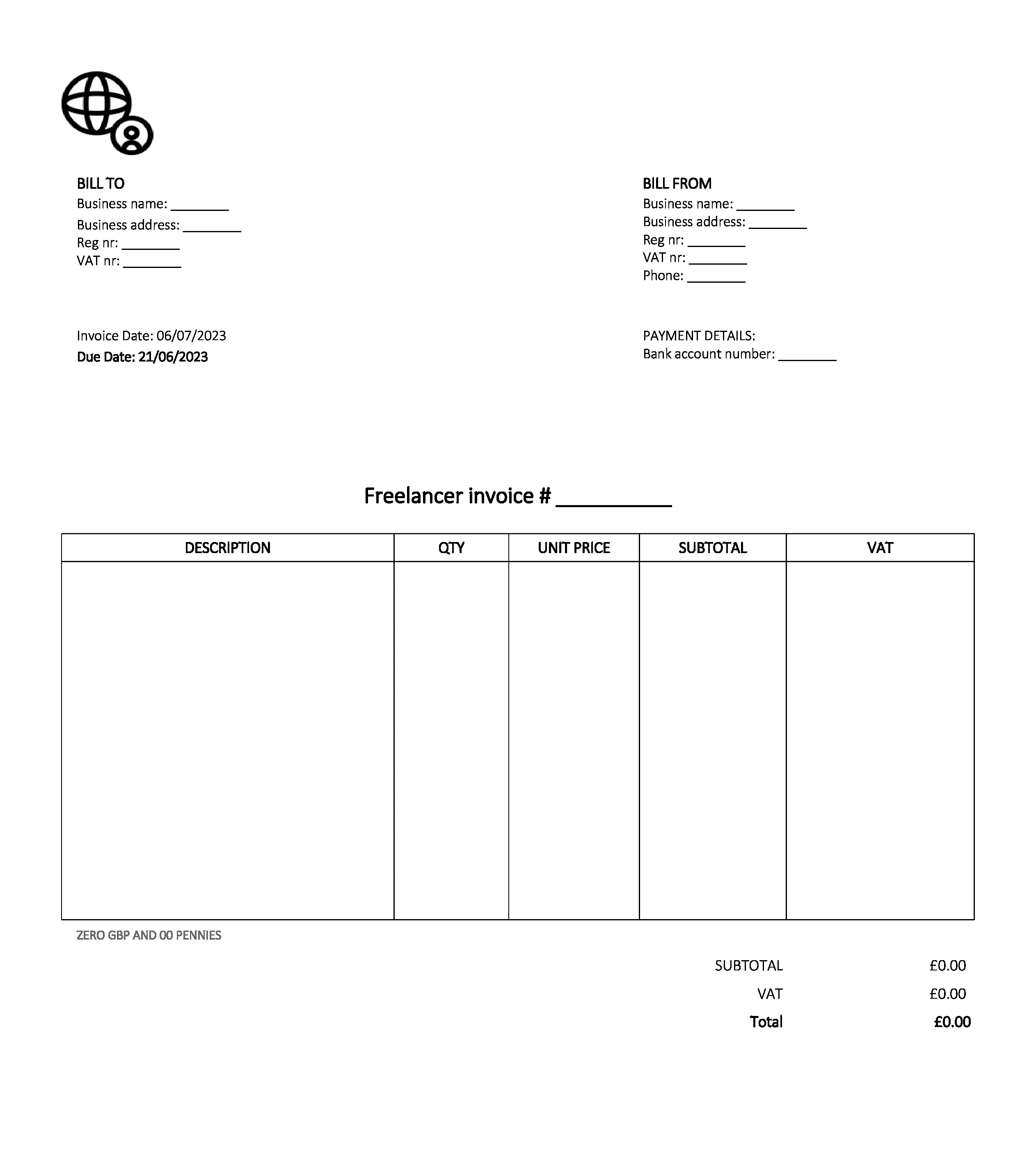 email deliverable freelancer invoice template UK Excel / Google sheets