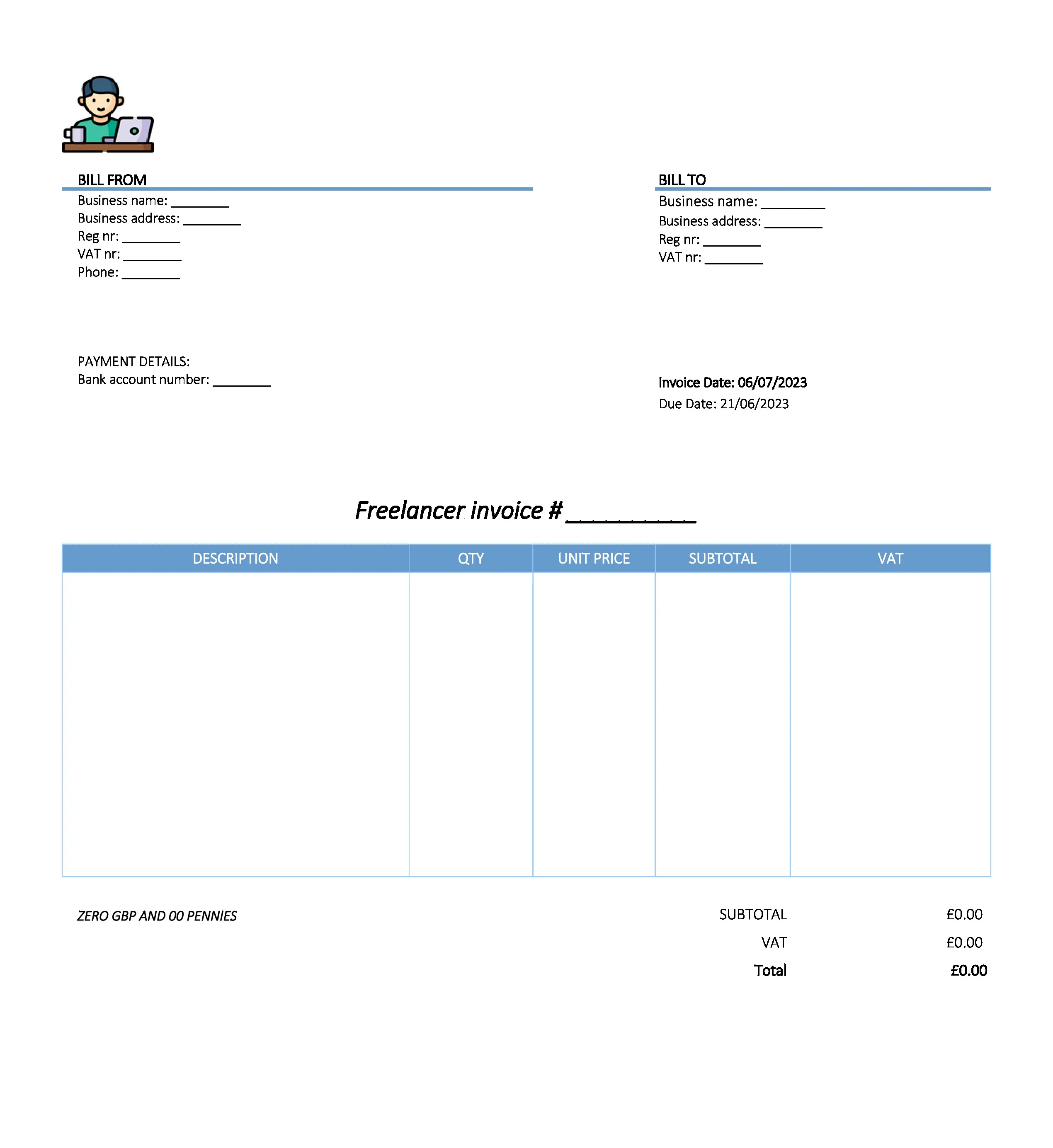 with bank details freelancer invoice template UK Excel / Google sheets