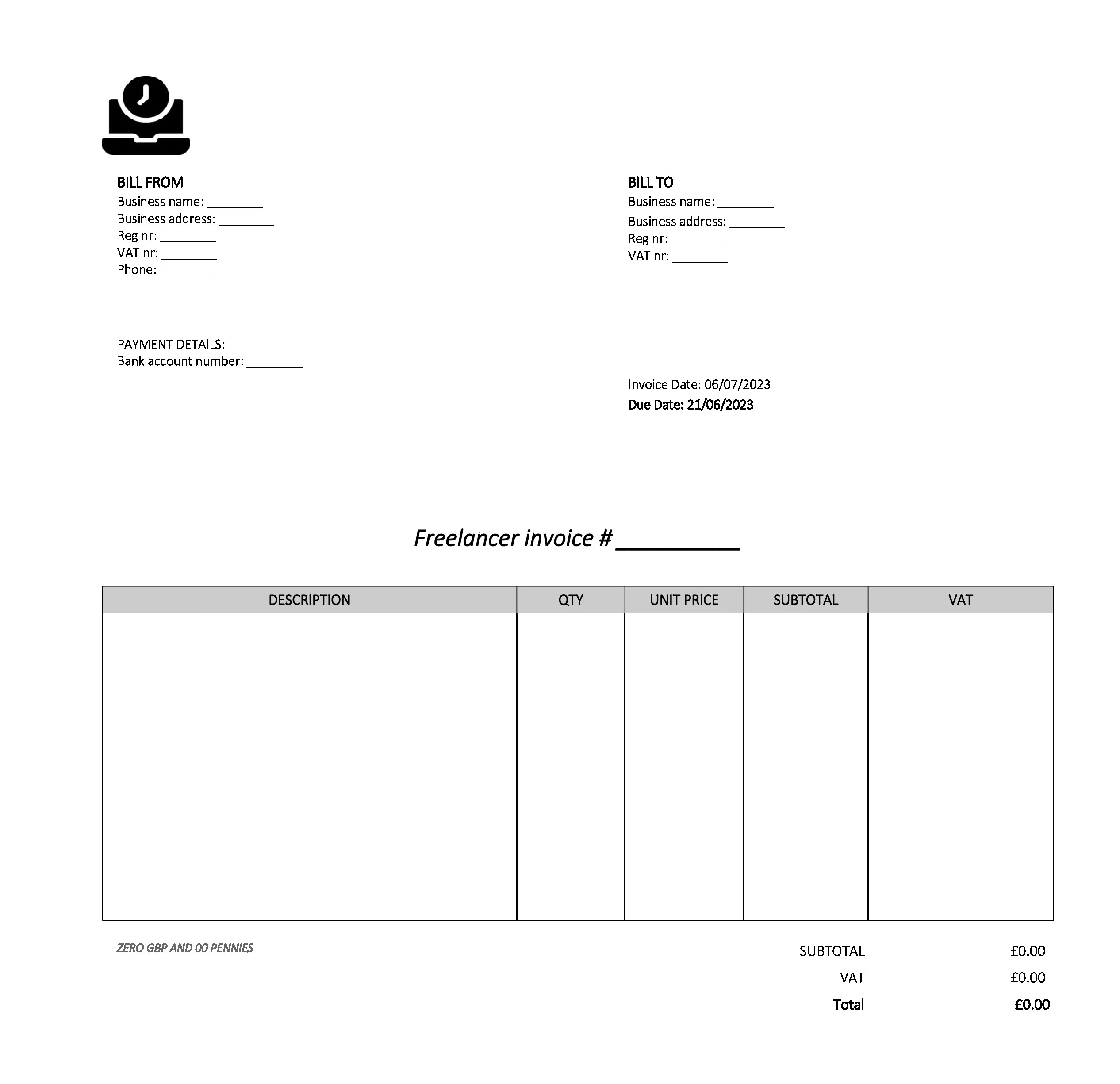 empty freelancer invoice template UK Excel / Google sheets