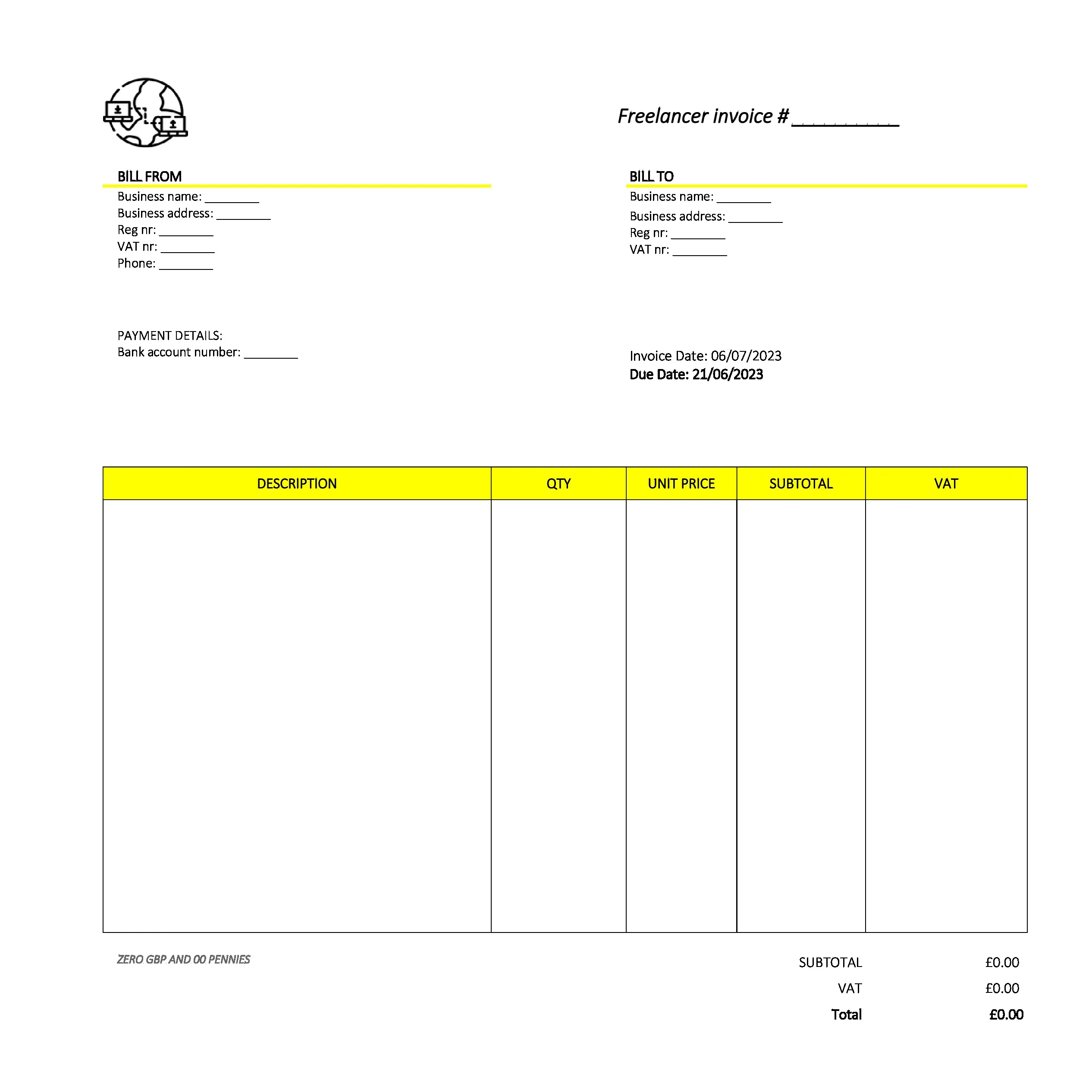 formal freelancer invoice template UK Excel / Google sheets