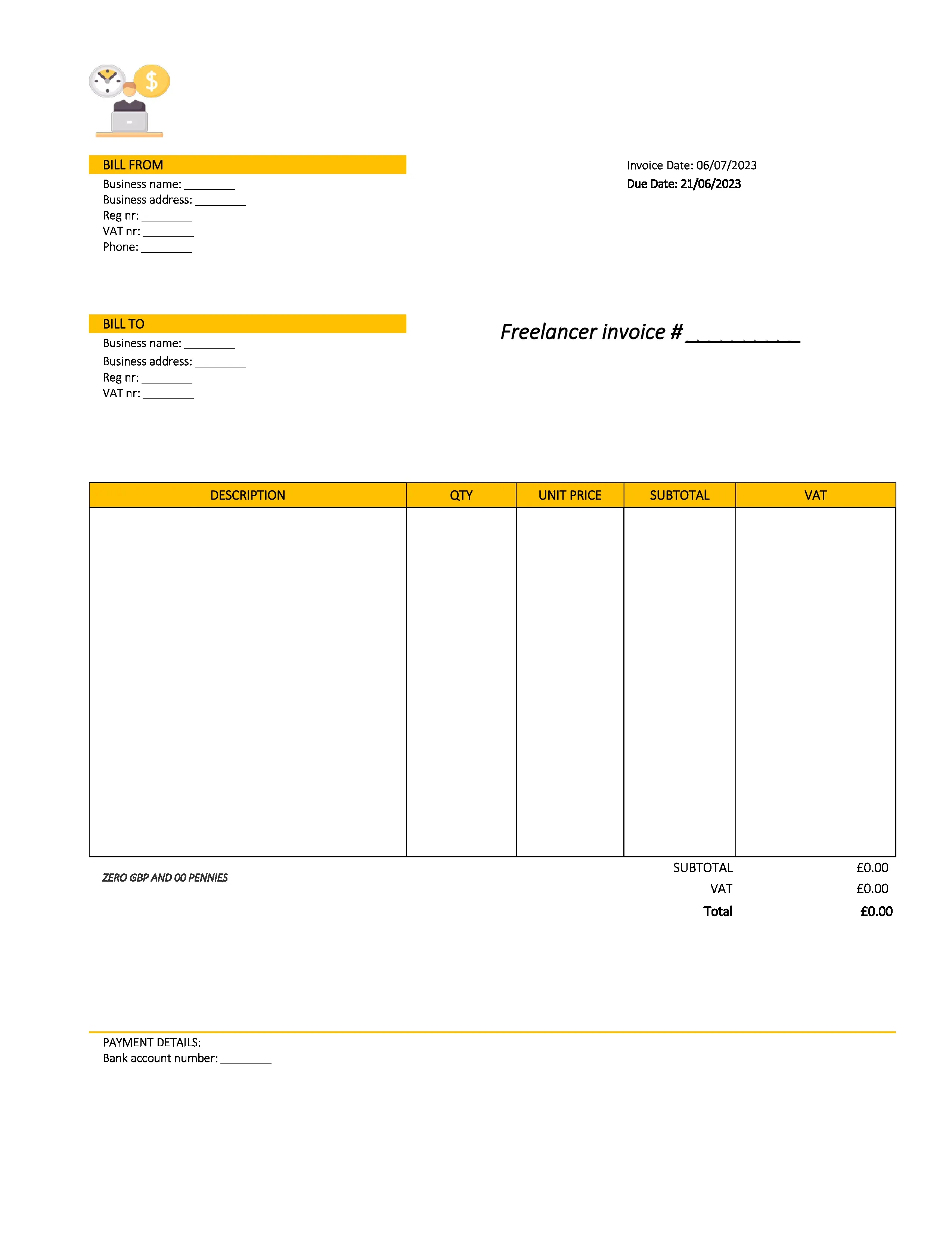 creative freelancer invoice template UK Excel / Google sheets