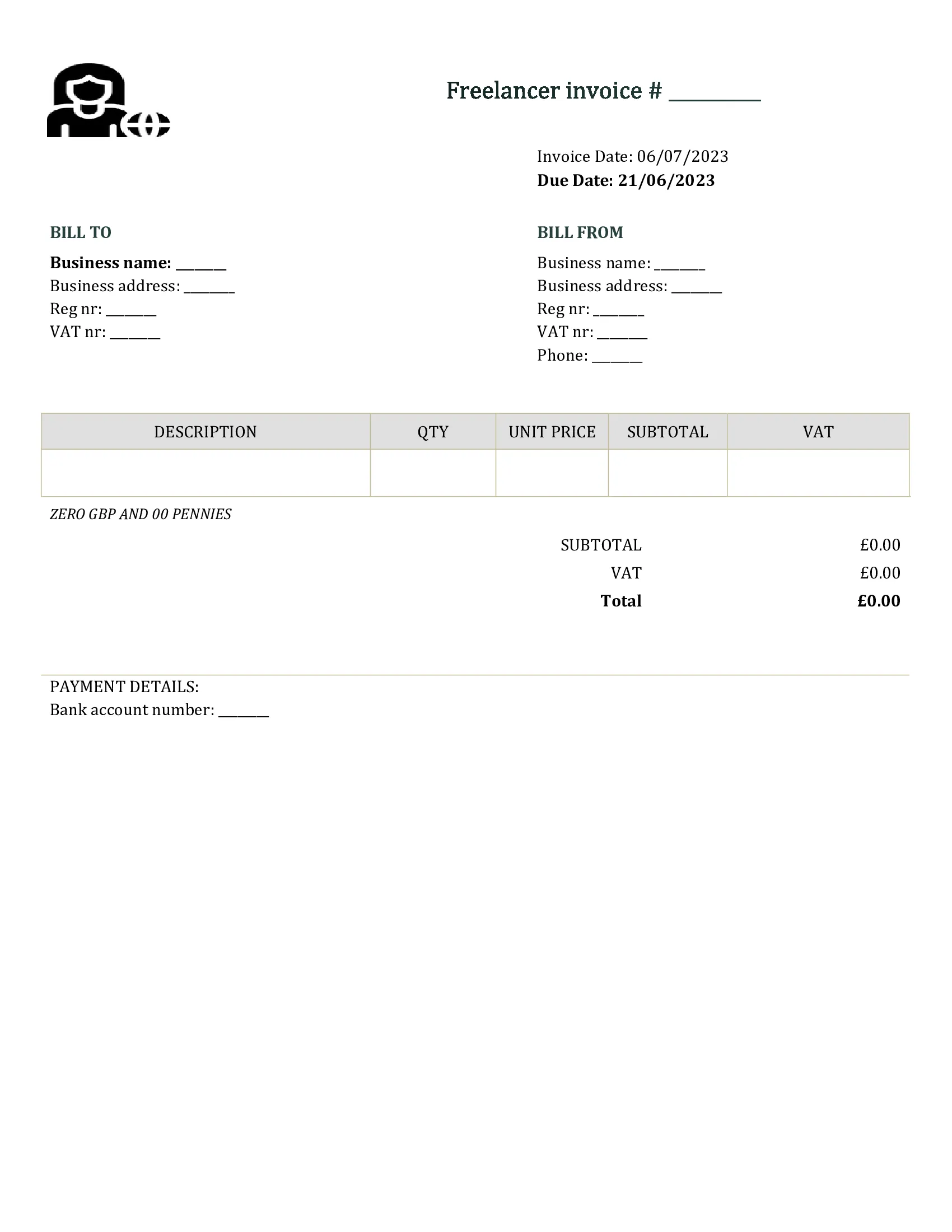 editable freelancer invoice template UK Word / Google docs