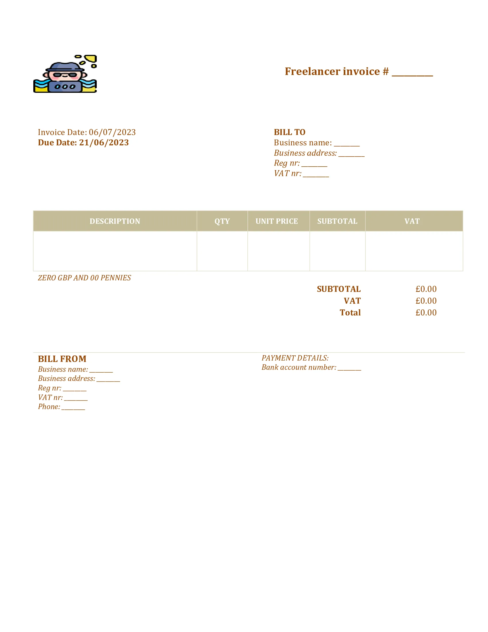 printable freelancer invoice template UK Word / Google docs