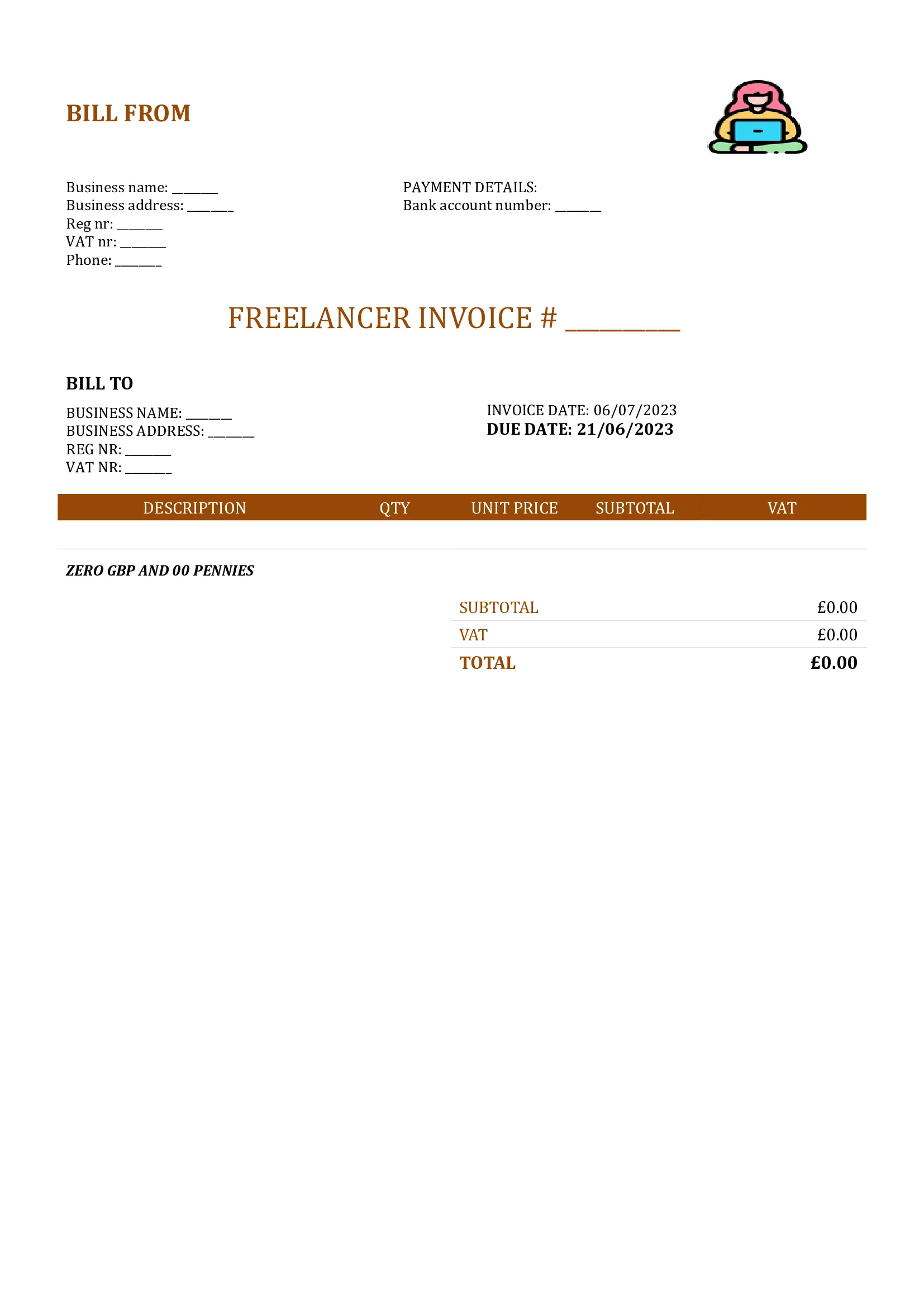 blank freelancer invoice template UK Word / Google docs