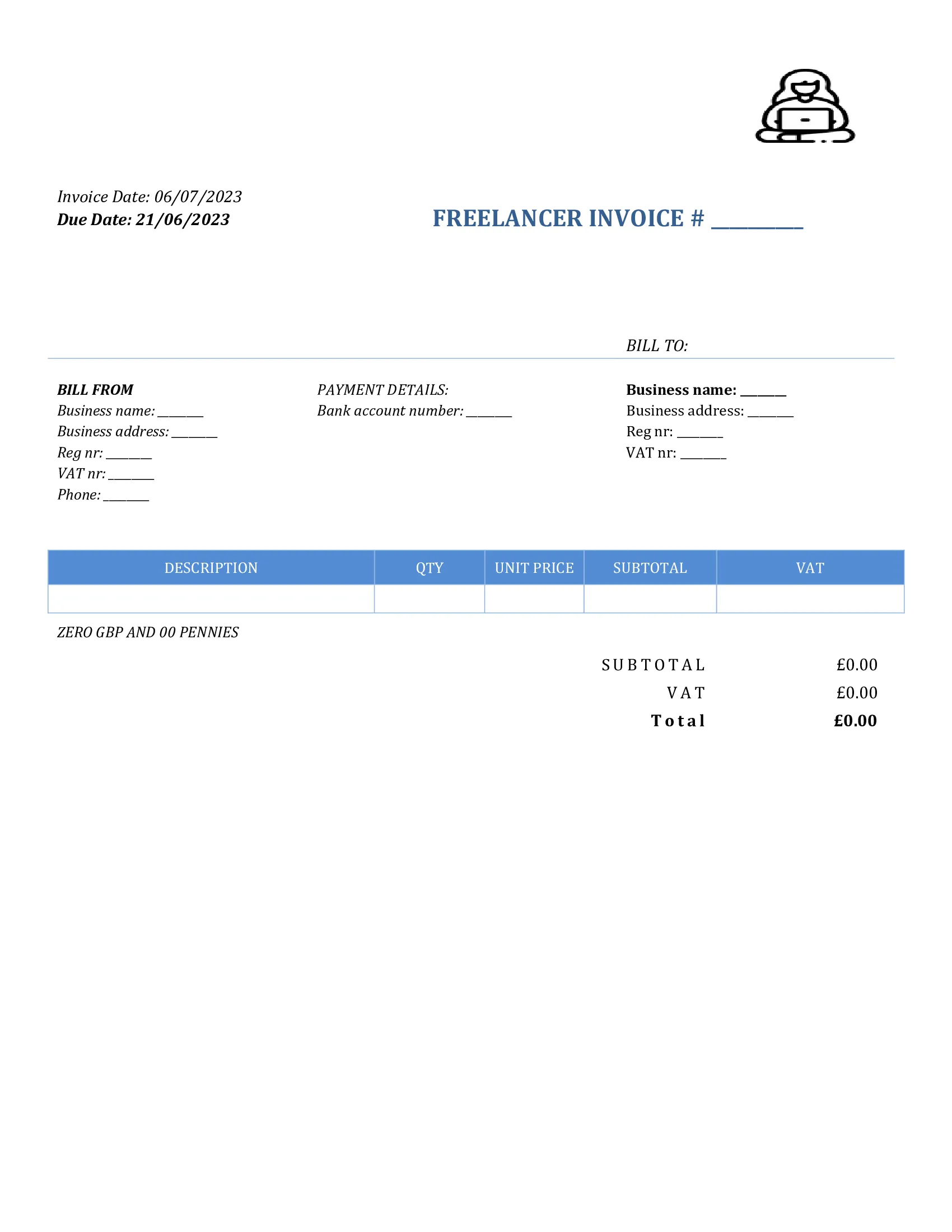 basic freelancer invoice template UK Word / Google docs