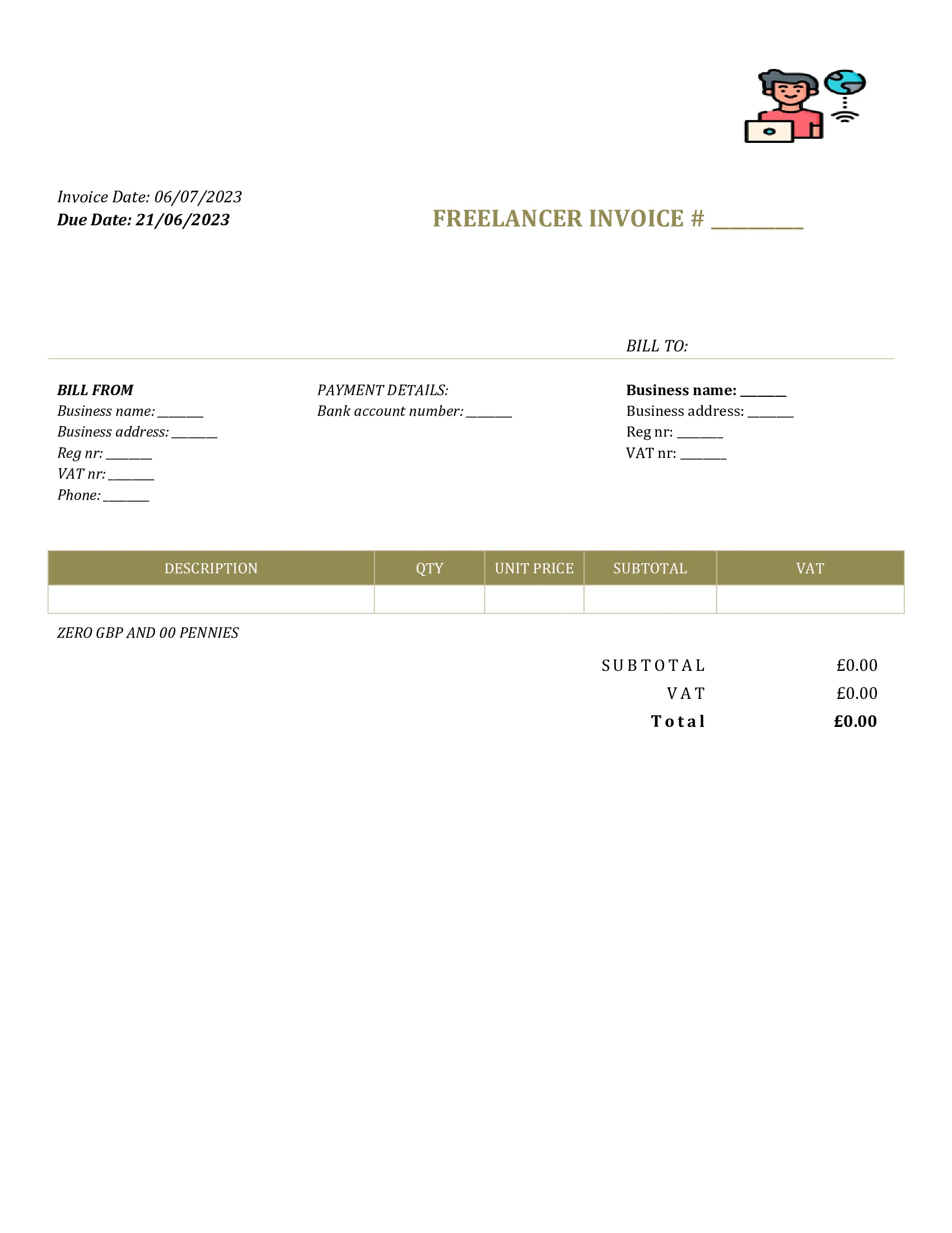 generic freelancer invoice template UK Word / Google docs