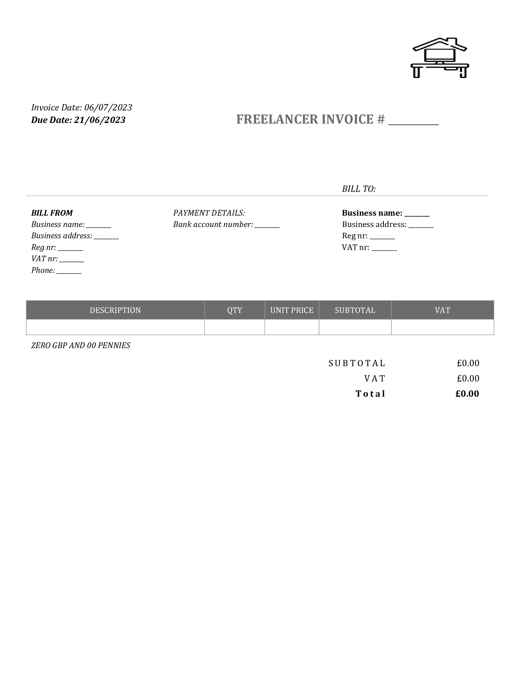 standart freelancer invoice template UK Word / Google docs