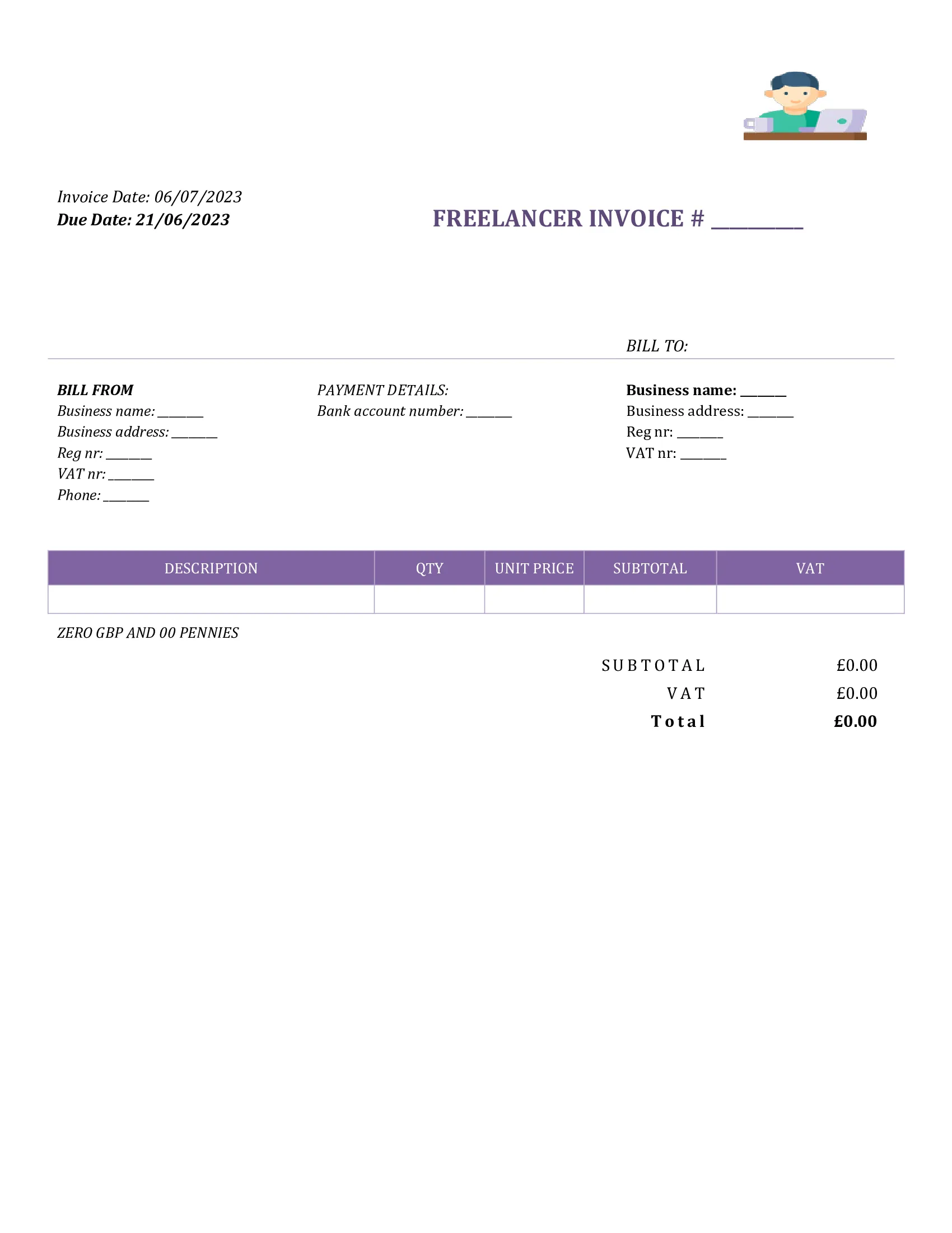 fillable freelancer invoice template UK Word / Google docs