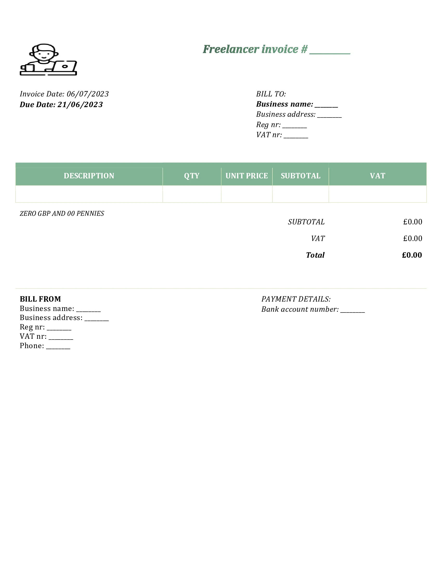 customizable freelancer invoice template UK Word / Google docs