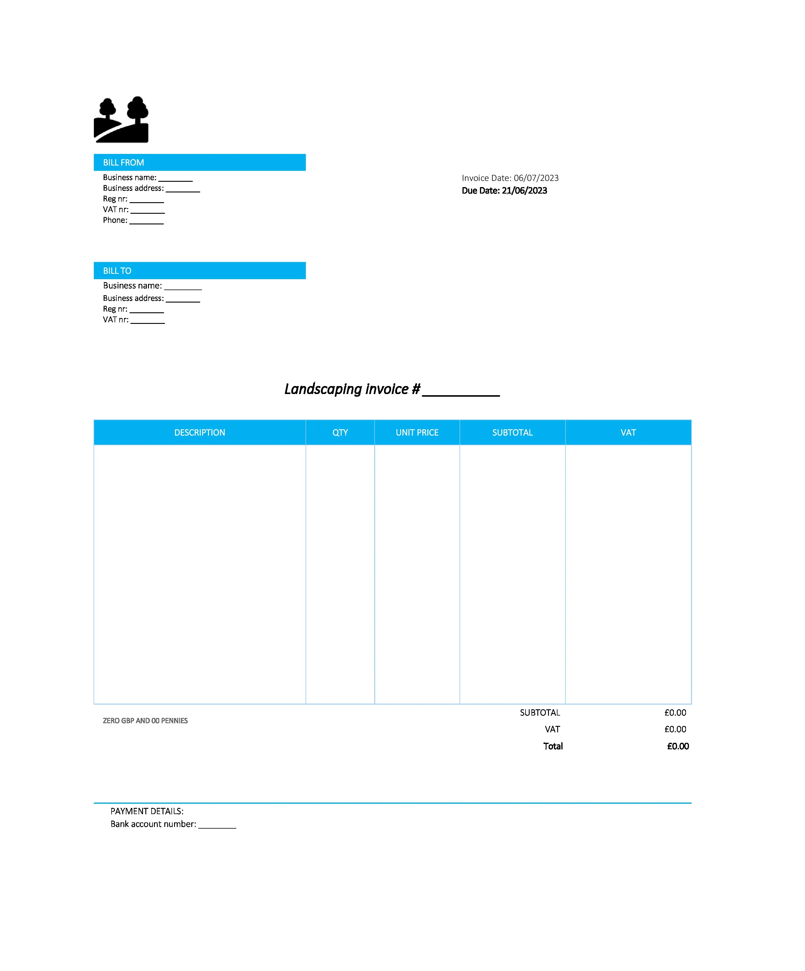 electronic landscaping invoice template UK Excel / Google sheets