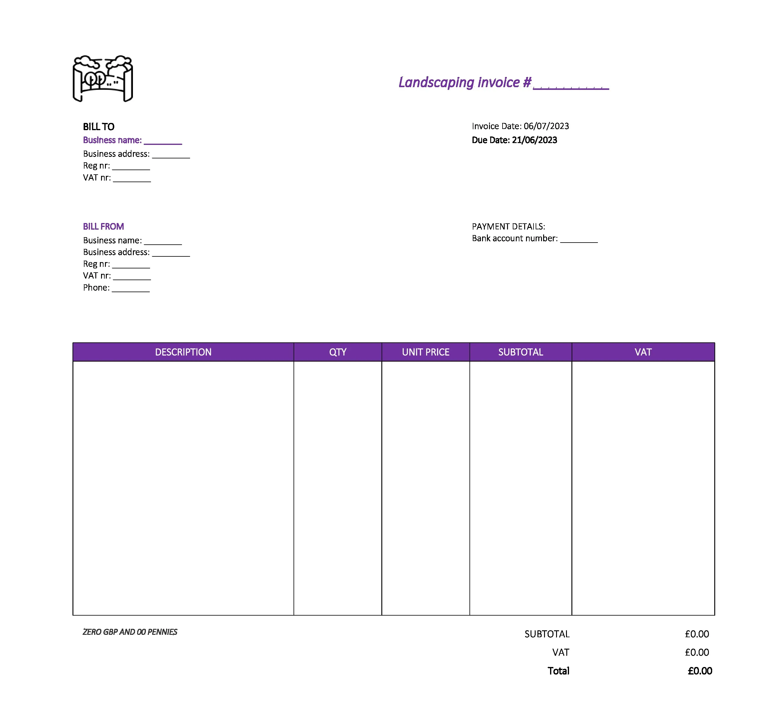 cool landscaping invoice template UK Excel / Google sheets