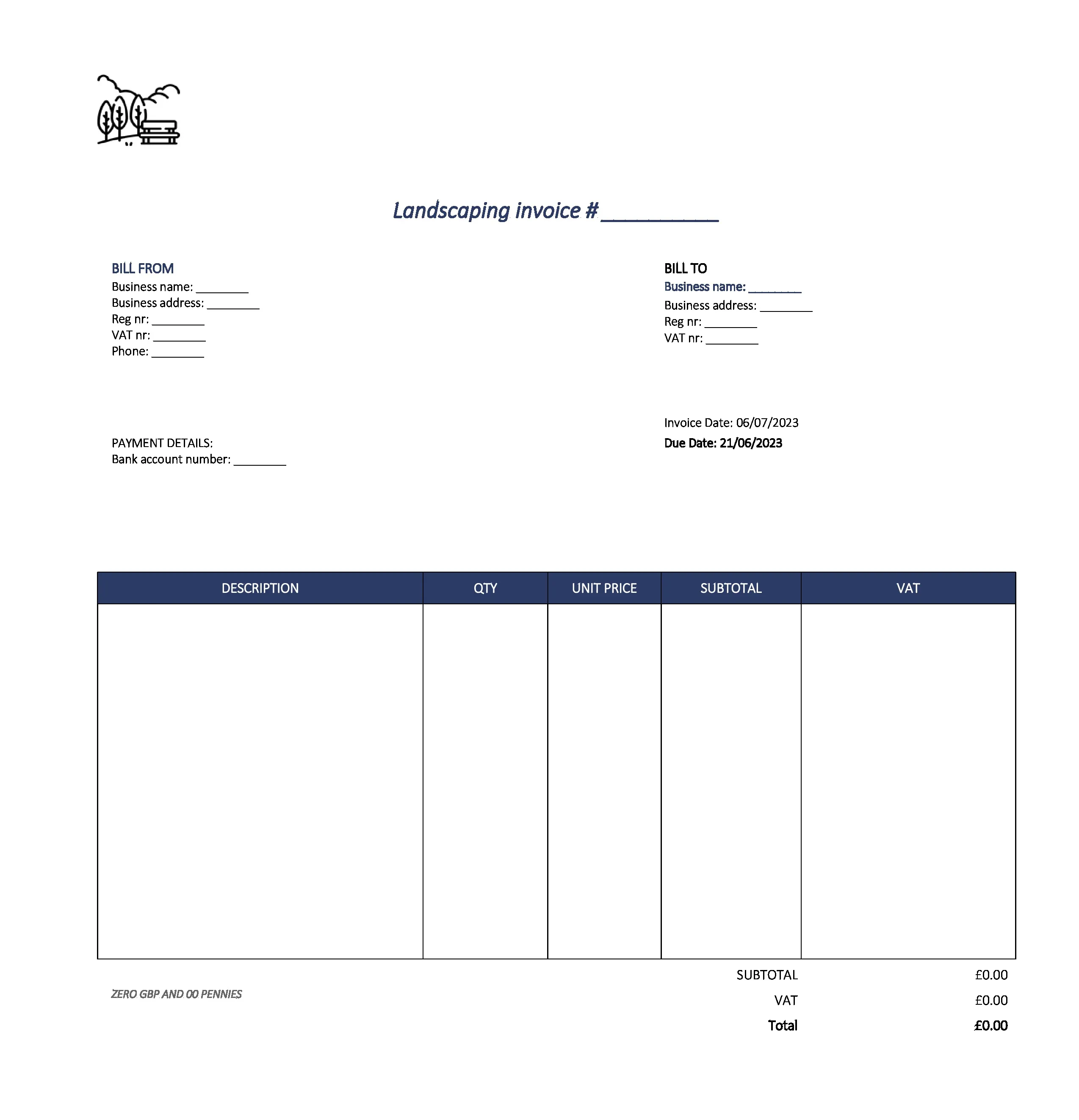 detailed landscaping invoice template UK Excel / Google sheets