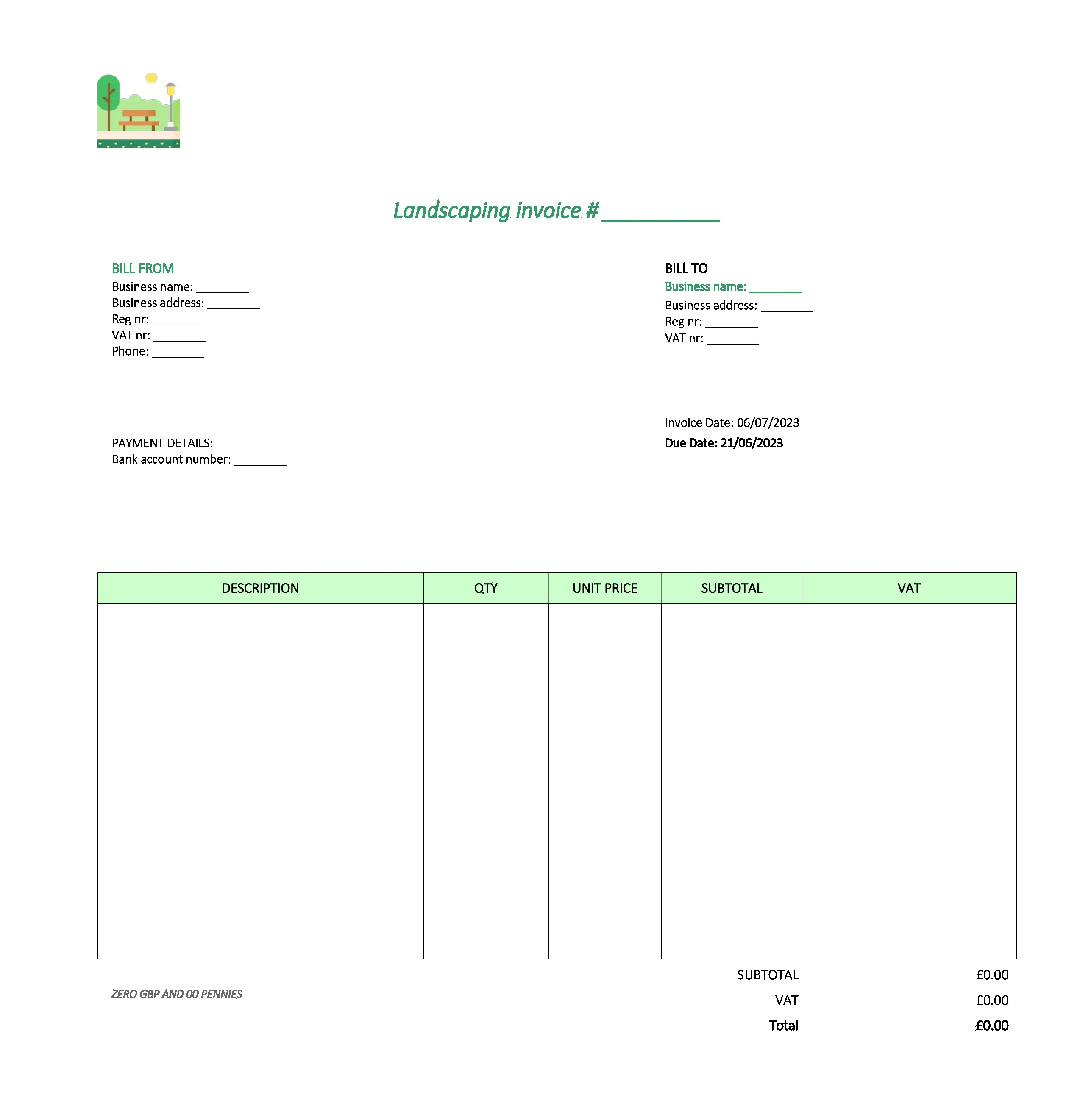 with logo landscaping invoice template UK Excel / Google sheets