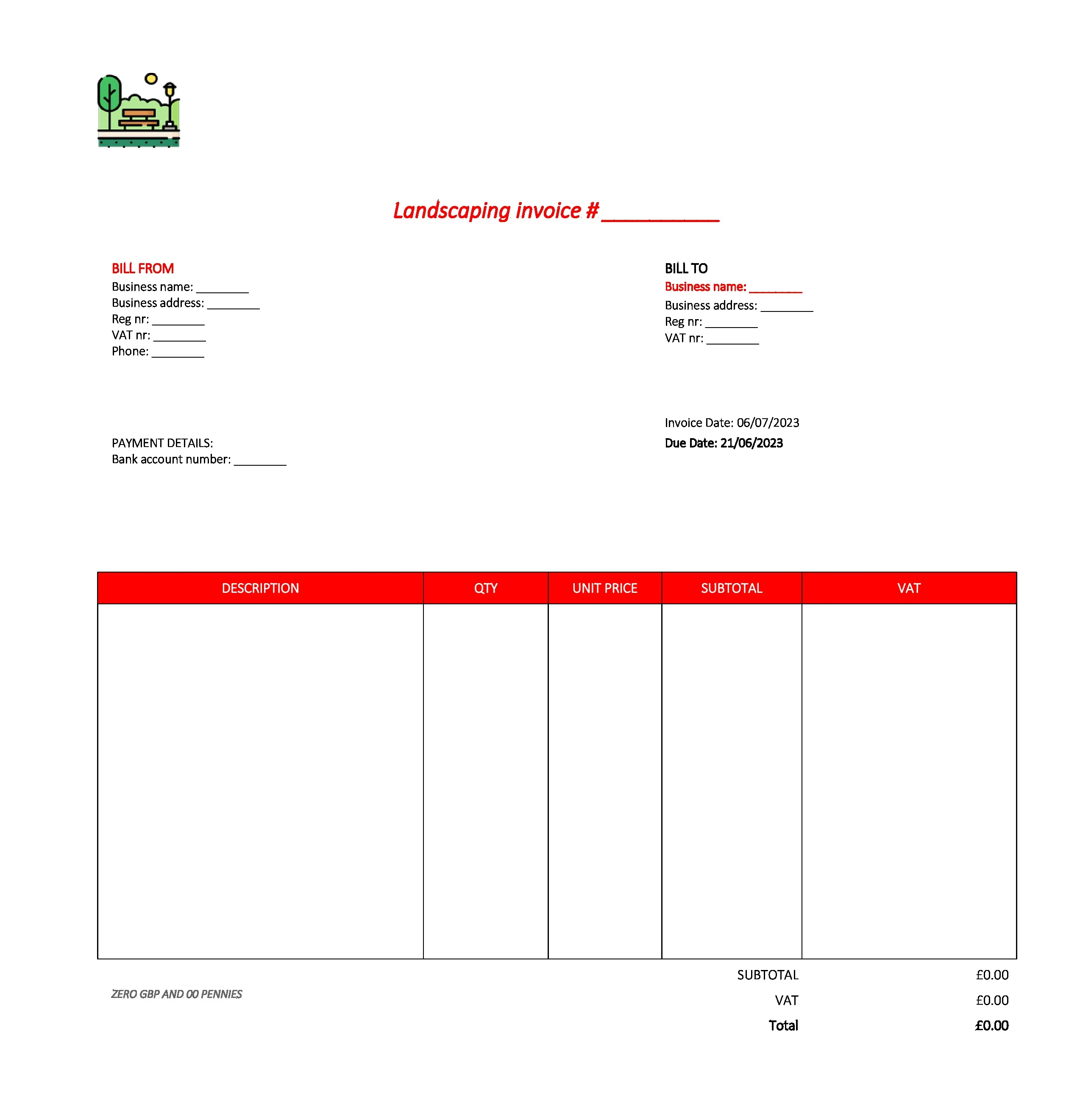 professional landscaping invoice template UK Excel / Google sheets