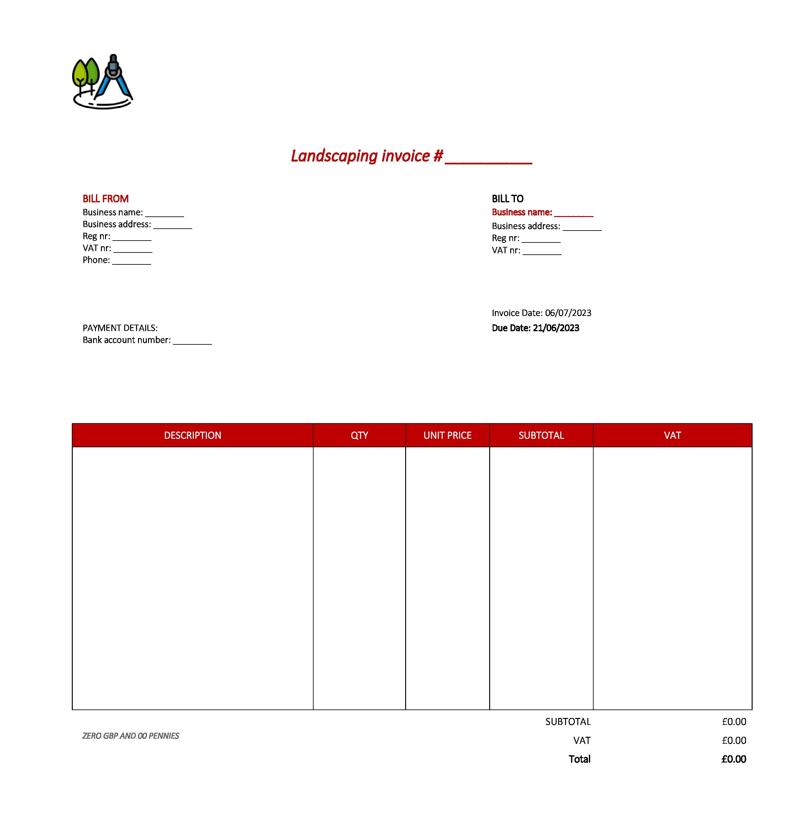 best landscaping invoice template UK Excel / Google sheets