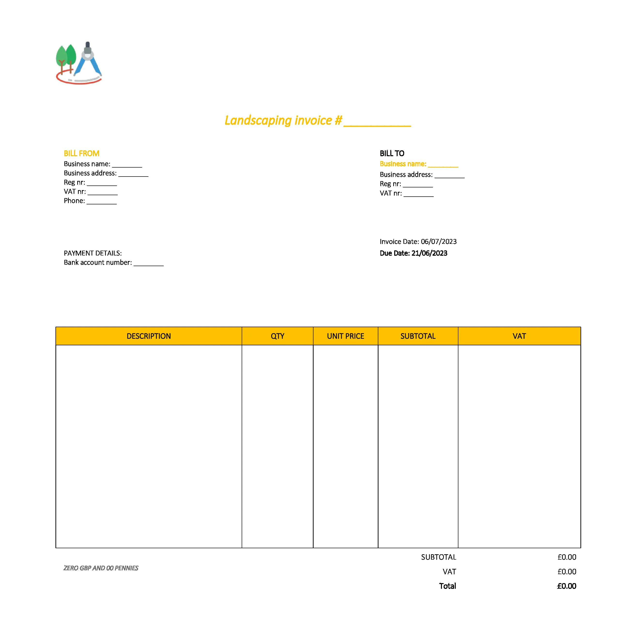 draft landscaping invoice template UK Excel / Google sheets