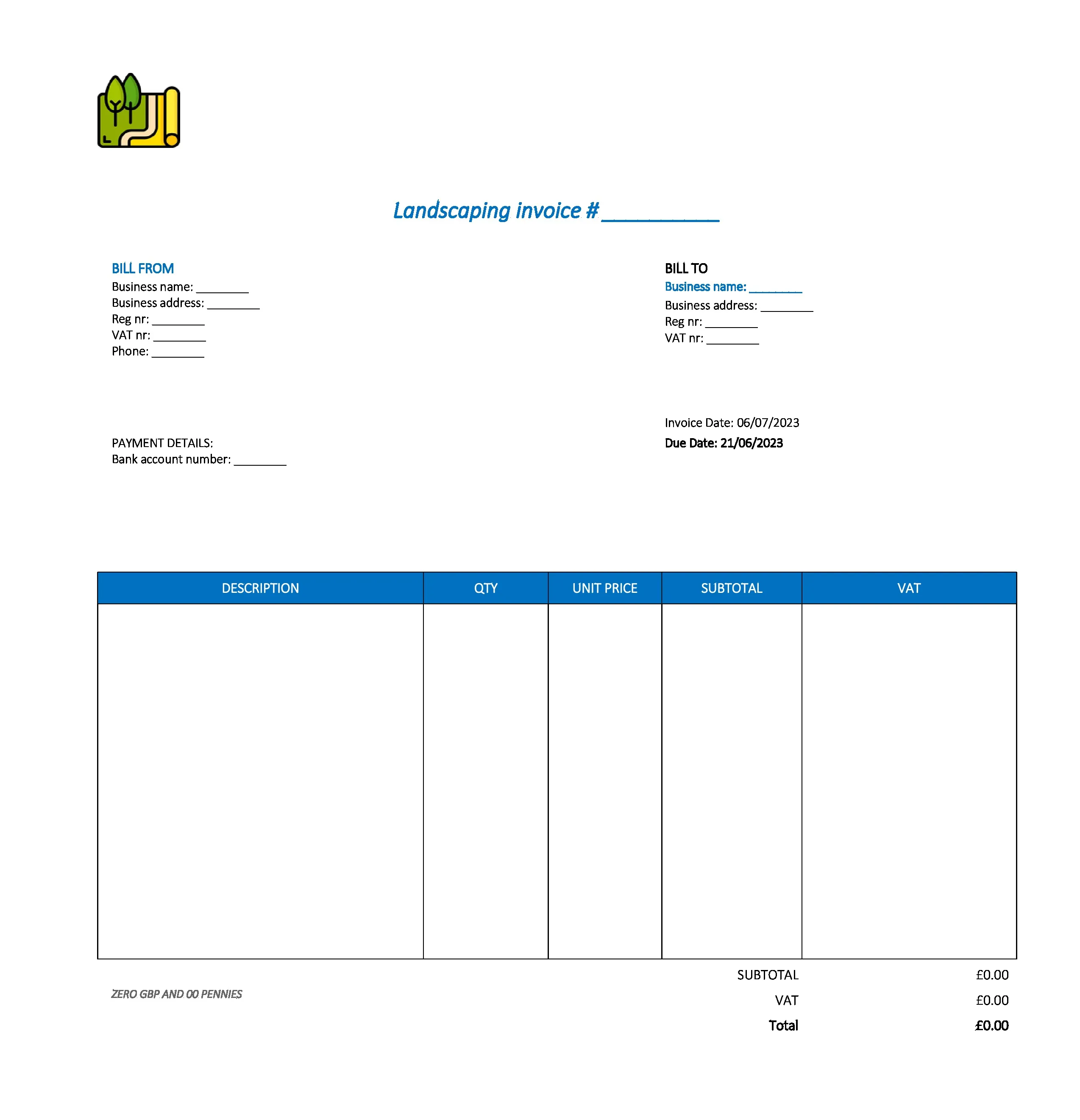 typical landscaping invoice template UK Excel / Google sheets