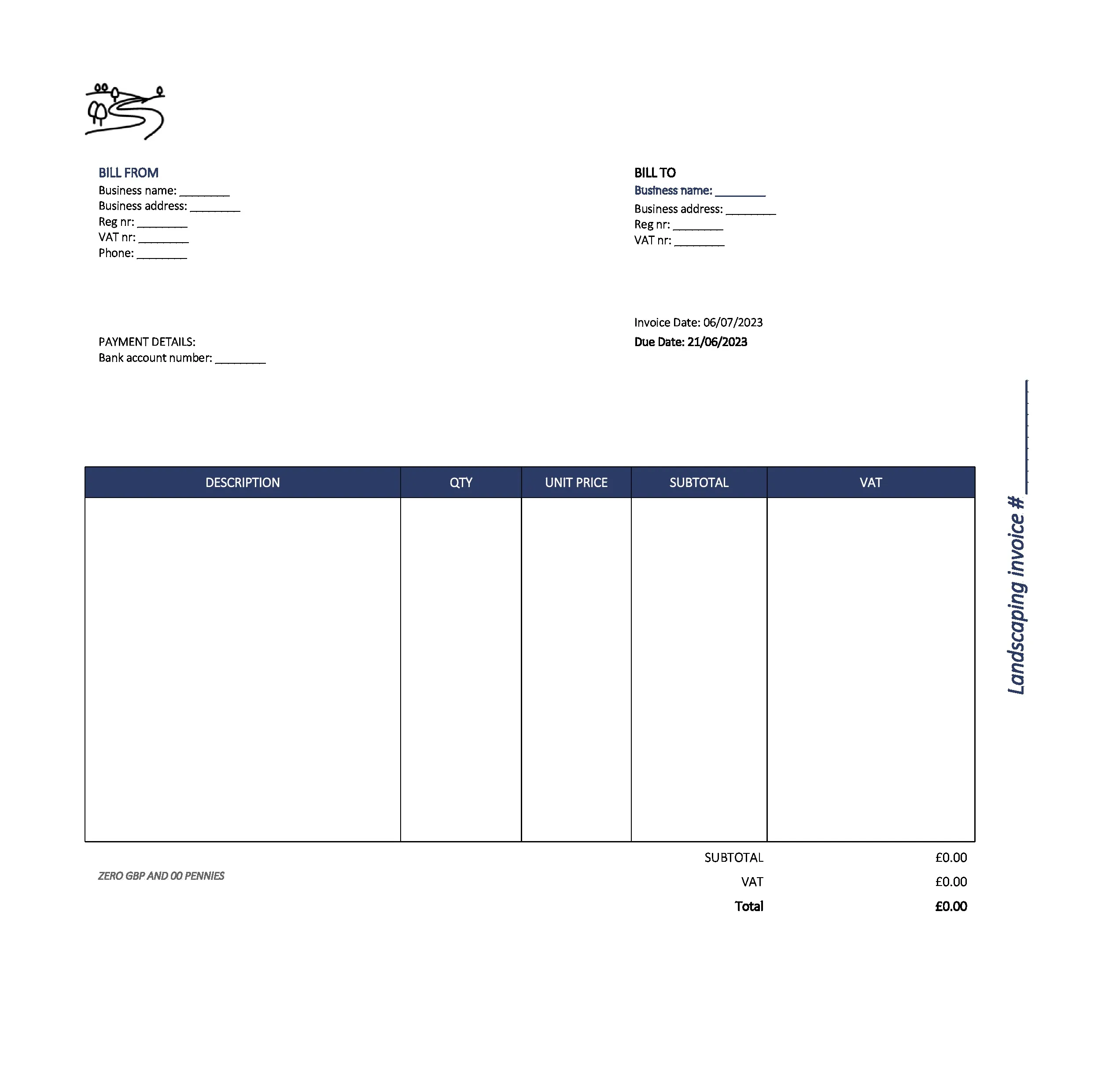 beautiful landscaping invoice template UK Excel / Google sheets