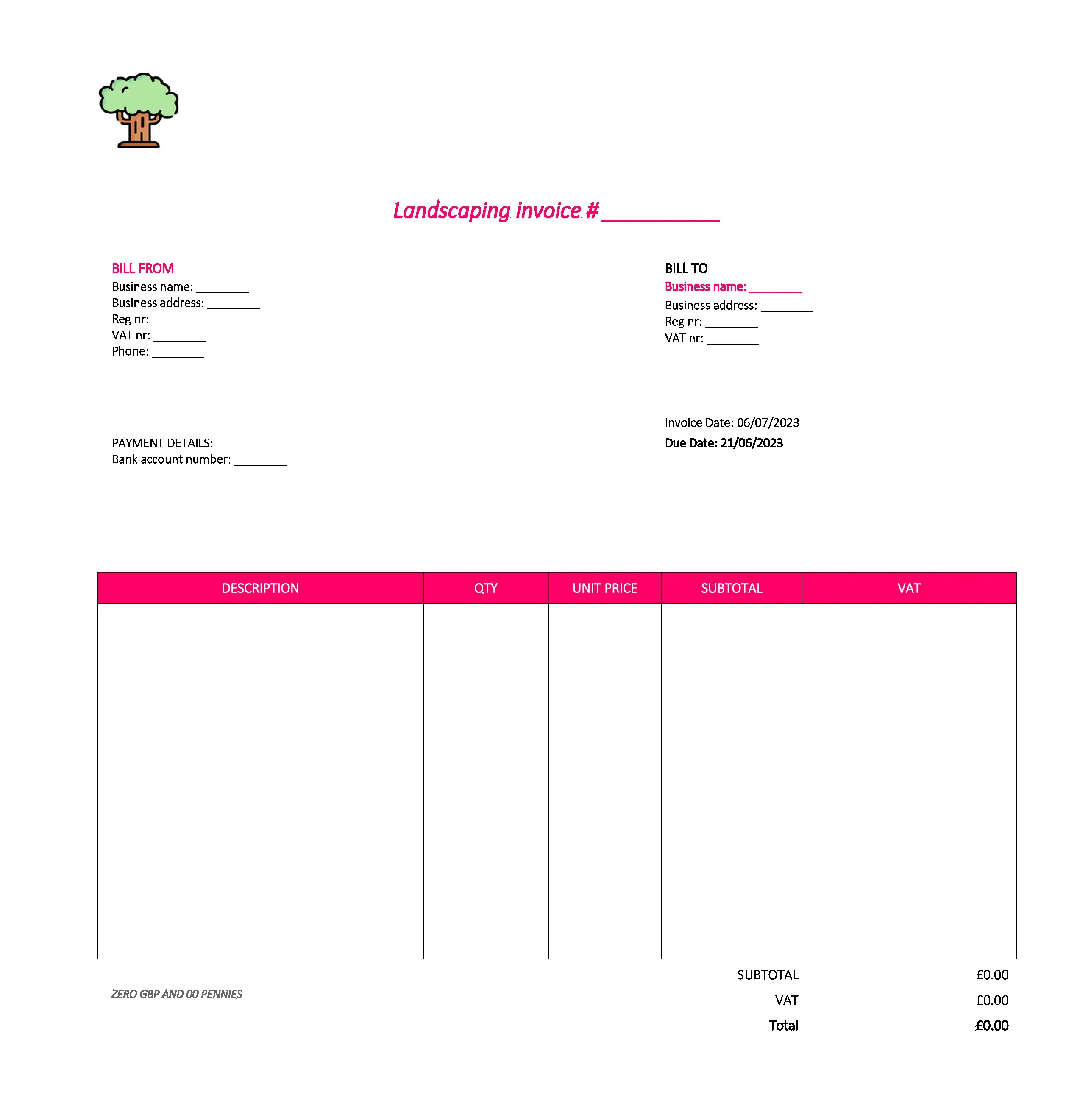 nice landscaping invoice template UK Excel / Google sheets