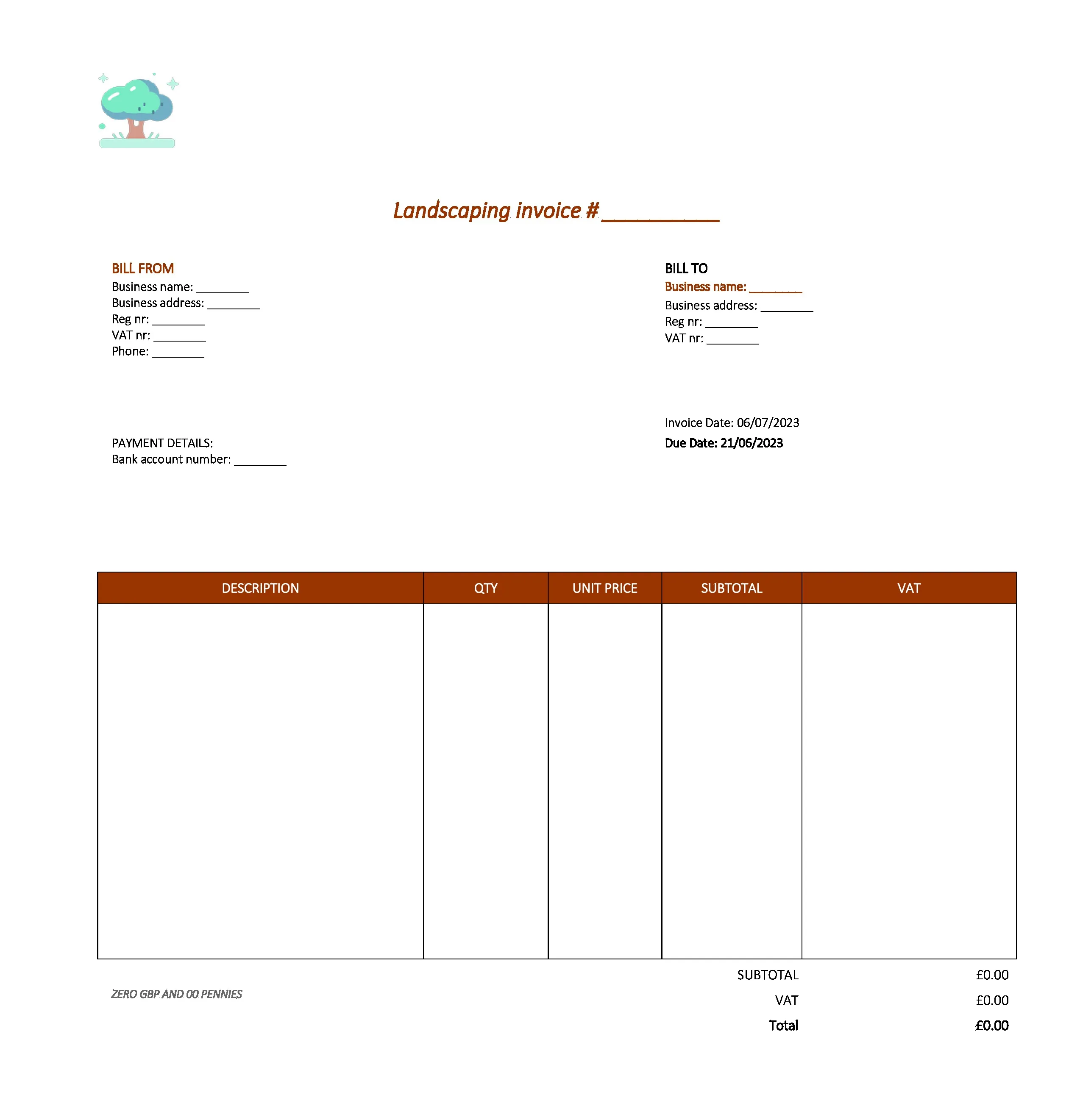 elegant landscaping invoice template UK Excel / Google sheets