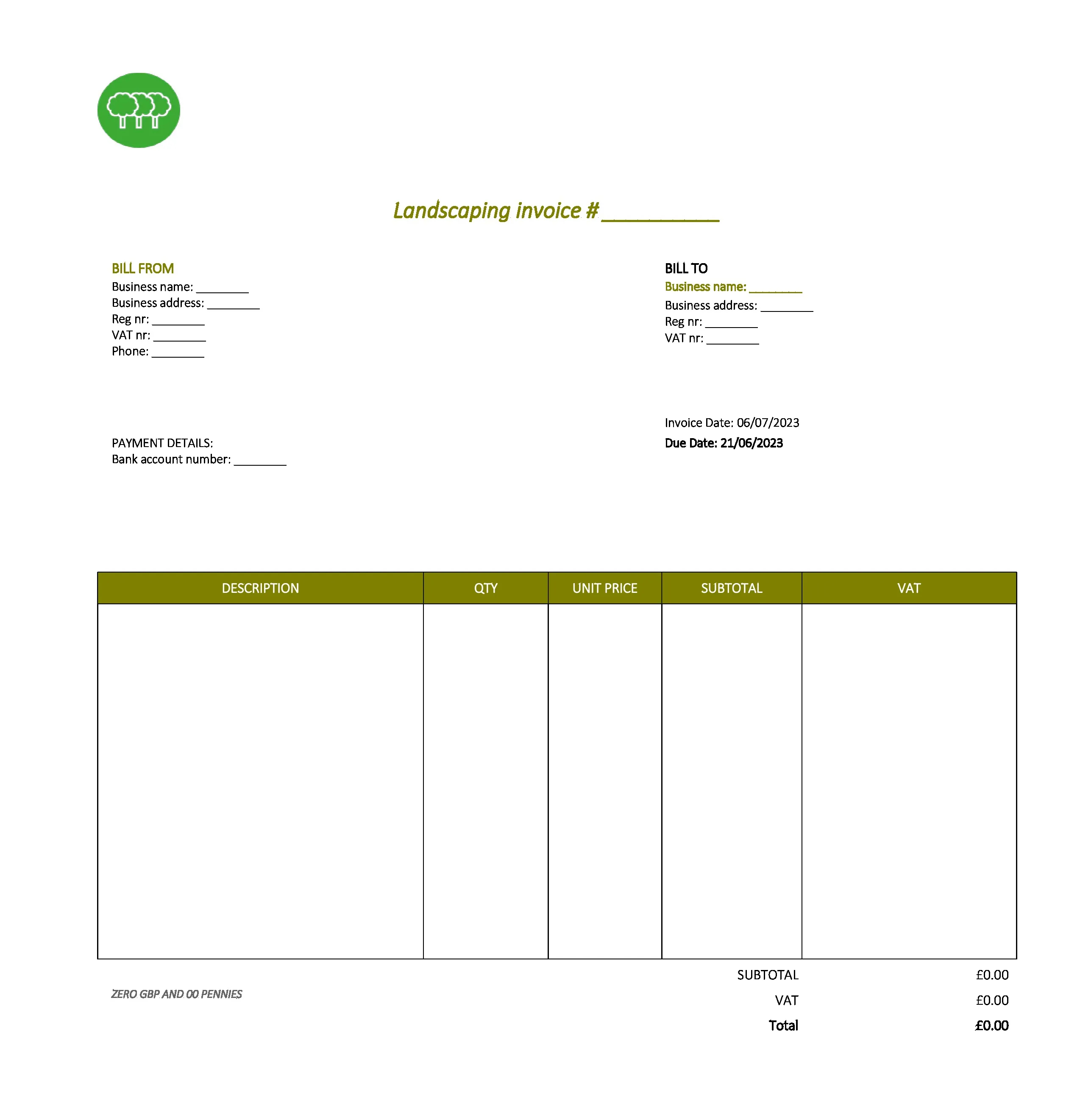 minimalist landscaping invoice template UK Excel / Google sheets