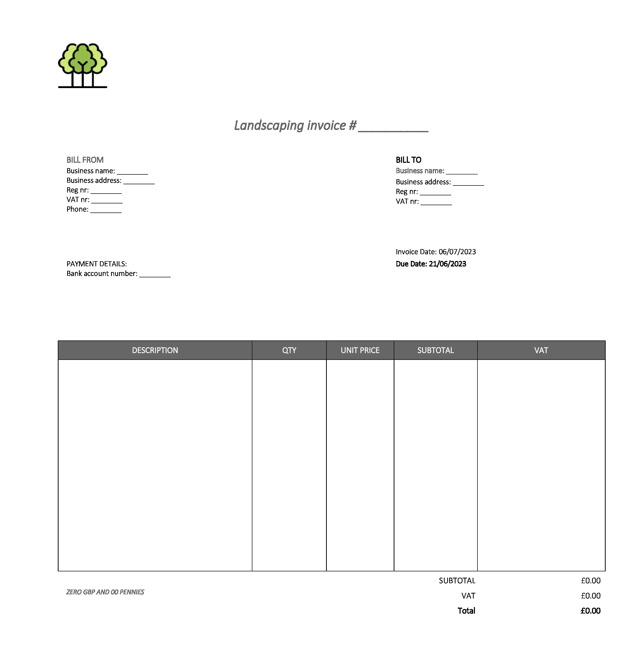 fancy landscaping invoice template UK Excel / Google sheets