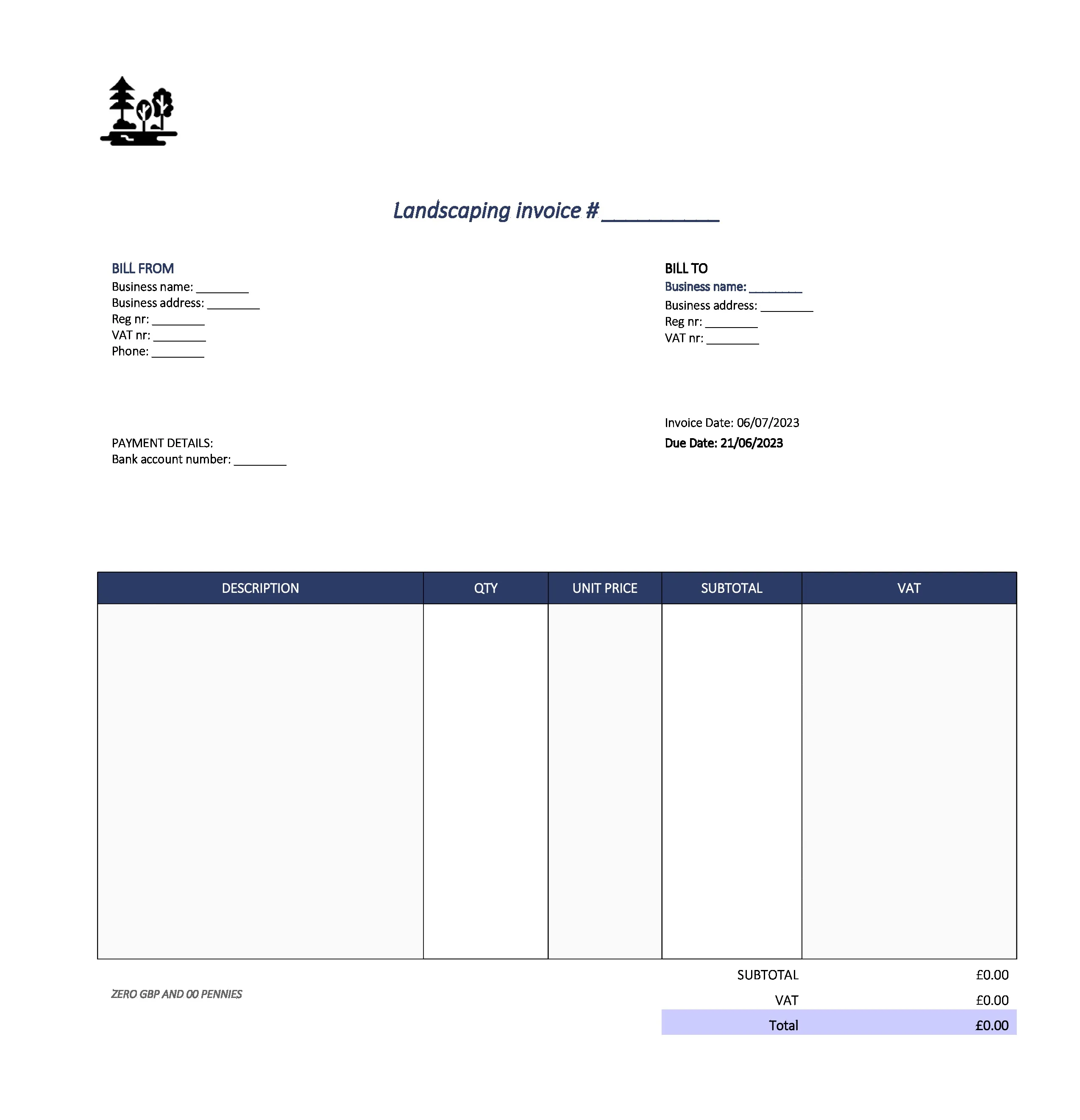 cute landscaping invoice template UK Excel / Google sheets