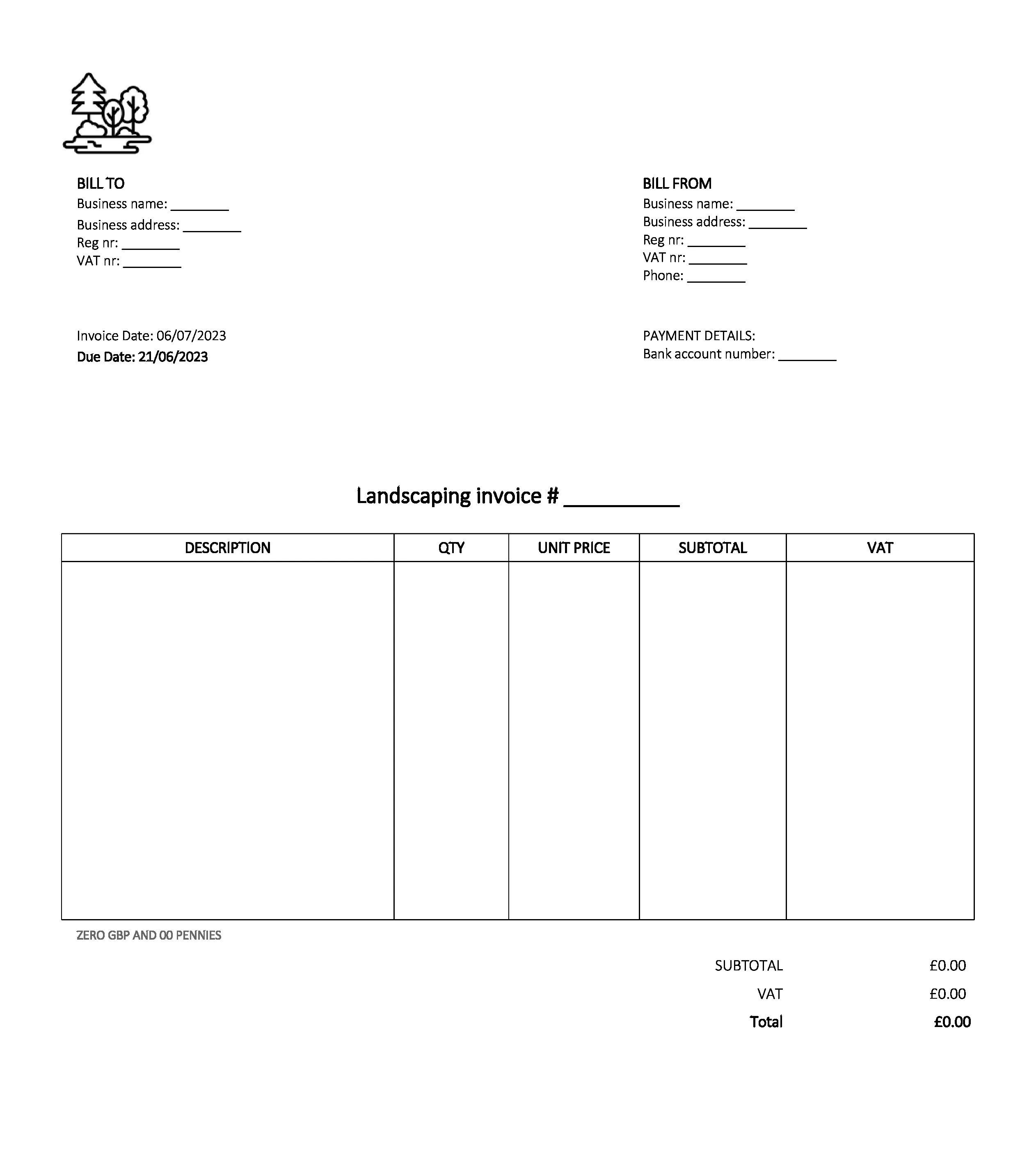 email deliverable landscaping invoice template UK Excel / Google sheets