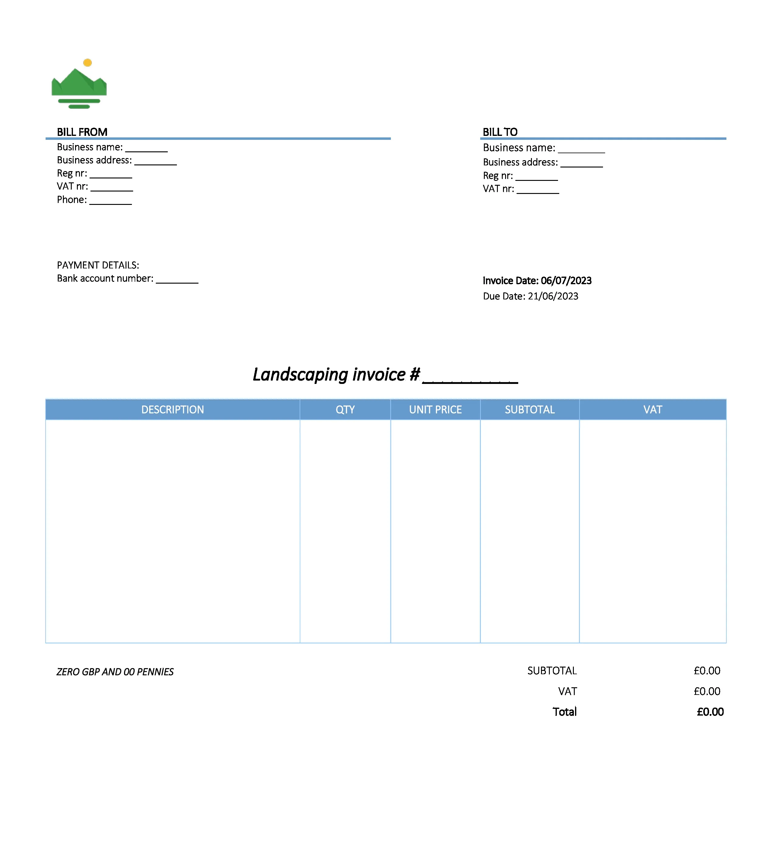 with bank details landscaping invoice template UK Excel / Google sheets