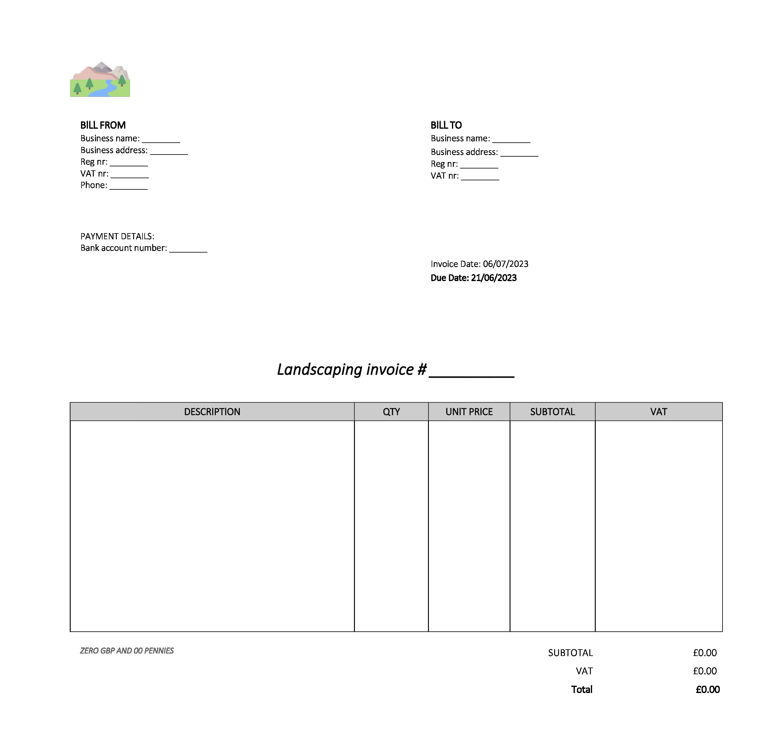 empty landscaping invoice template UK Excel / Google sheets