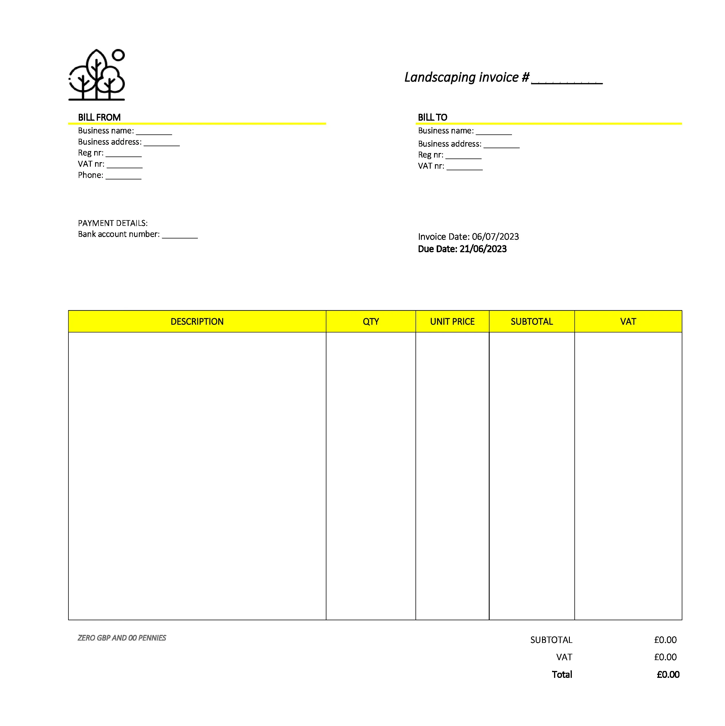 formal landscaping invoice template UK Excel / Google sheets