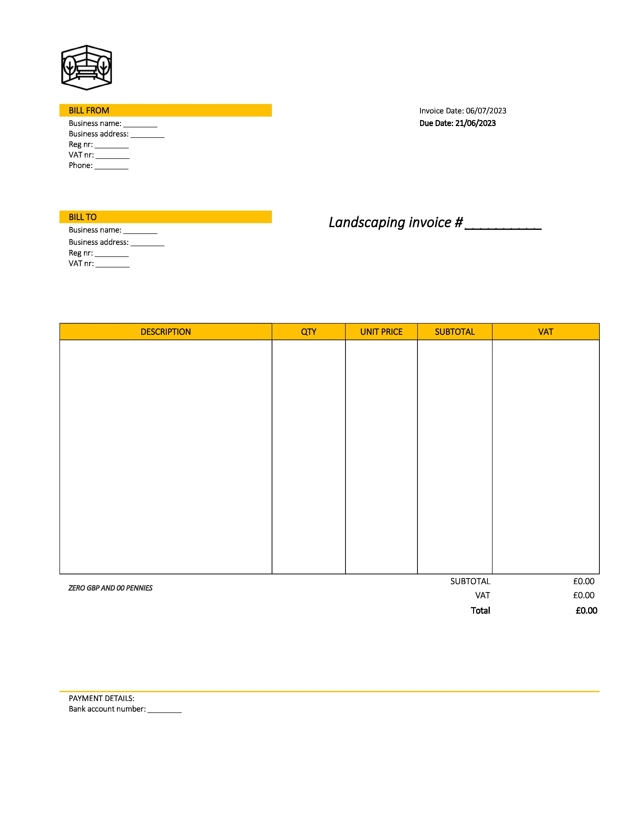 creative landscaping invoice template UK Excel / Google sheets