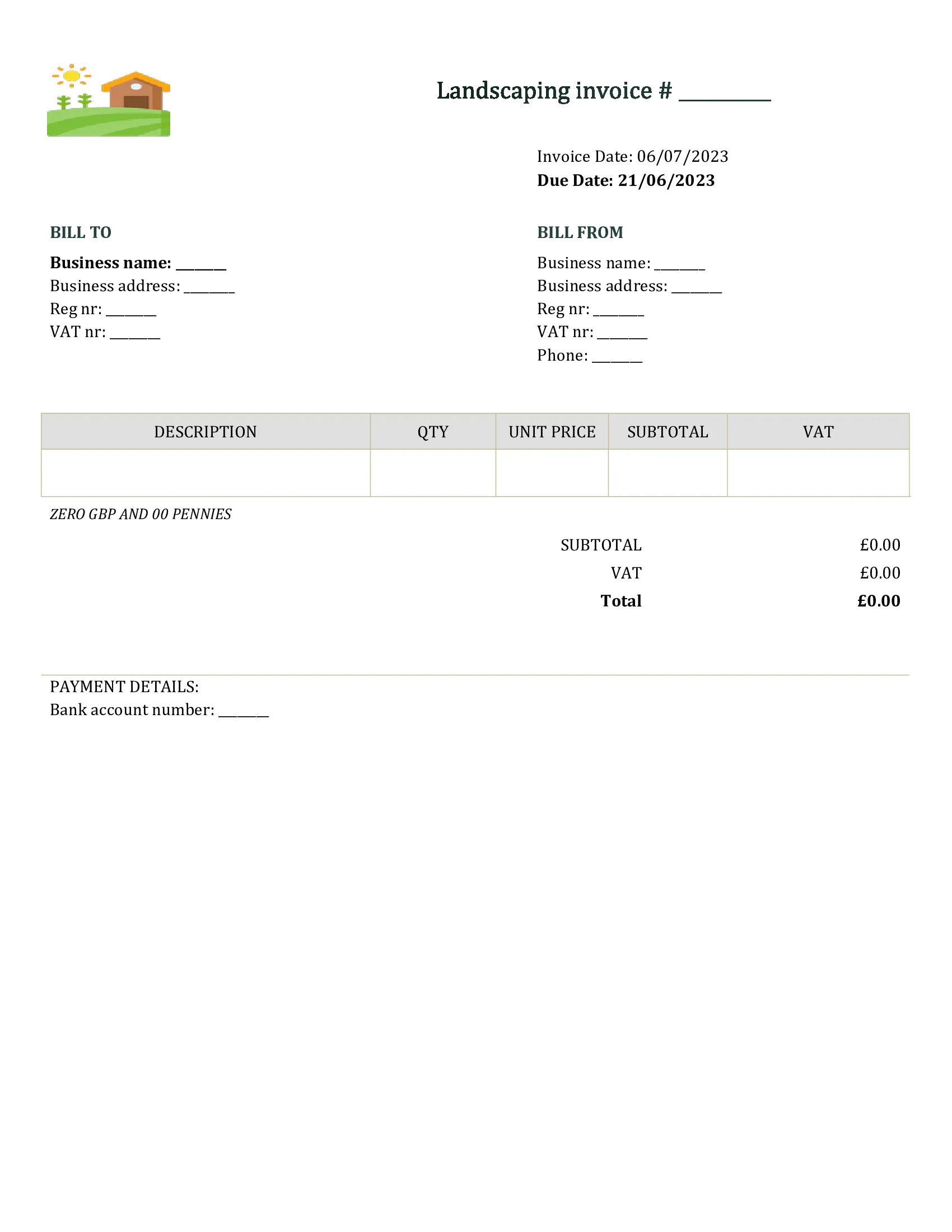 editable landscaping invoice template UK Word / Google docs