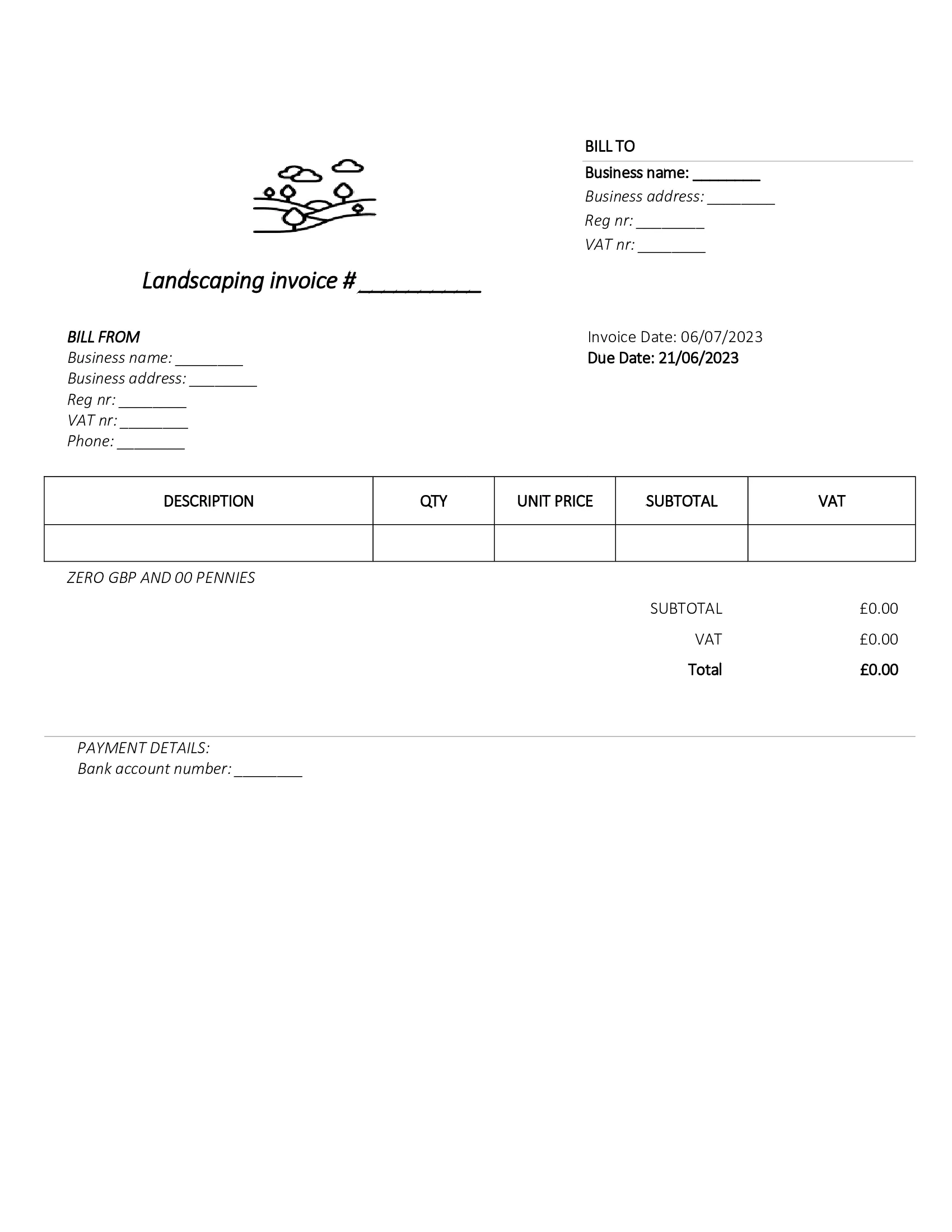 downloadable landscaping invoice template UK Word / Google docs