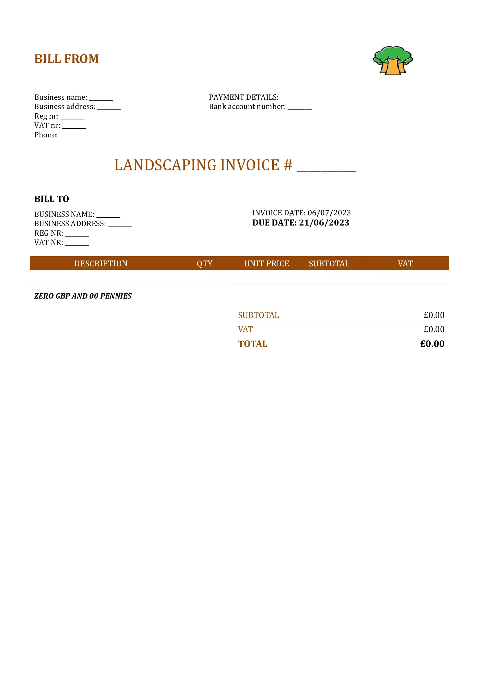 blank landscaping invoice template UK Word / Google docs