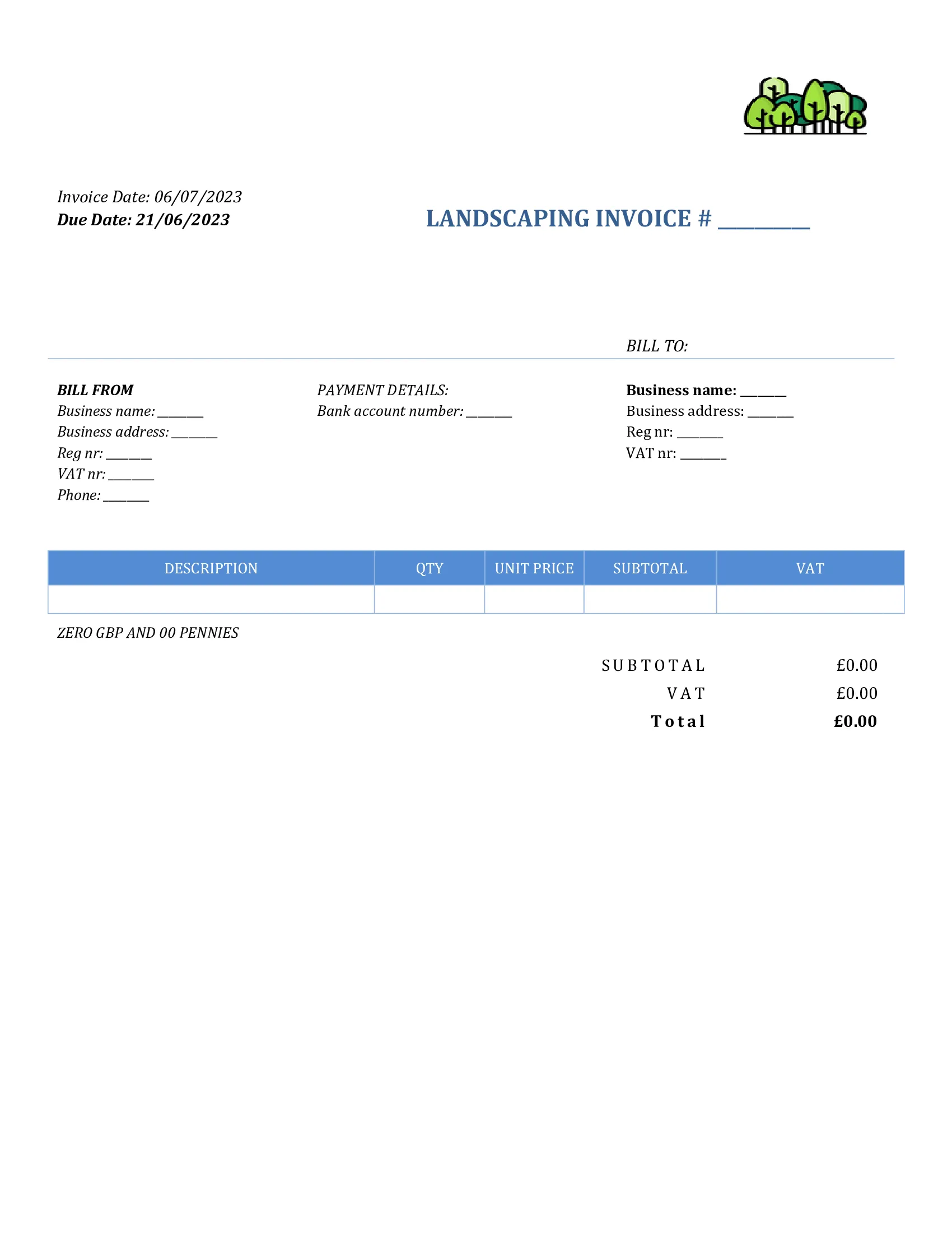 basic landscaping invoice template UK Word / Google docs