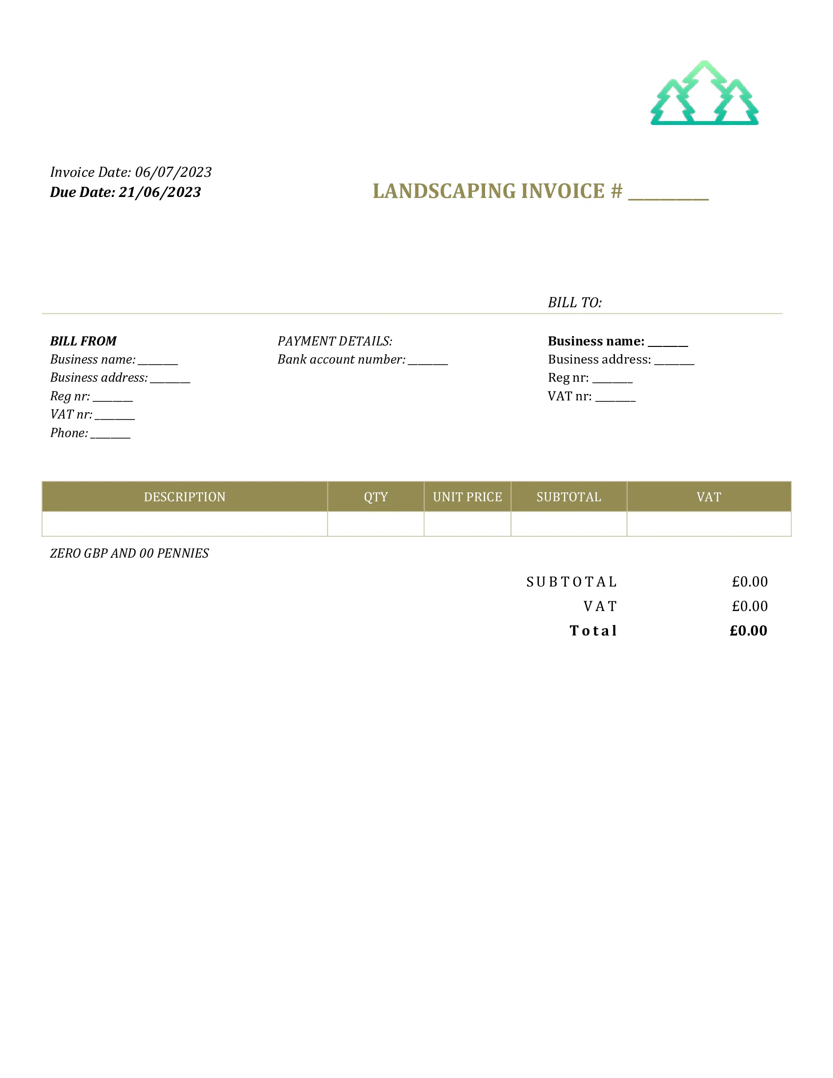 generic landscaping invoice template UK Word / Google docs