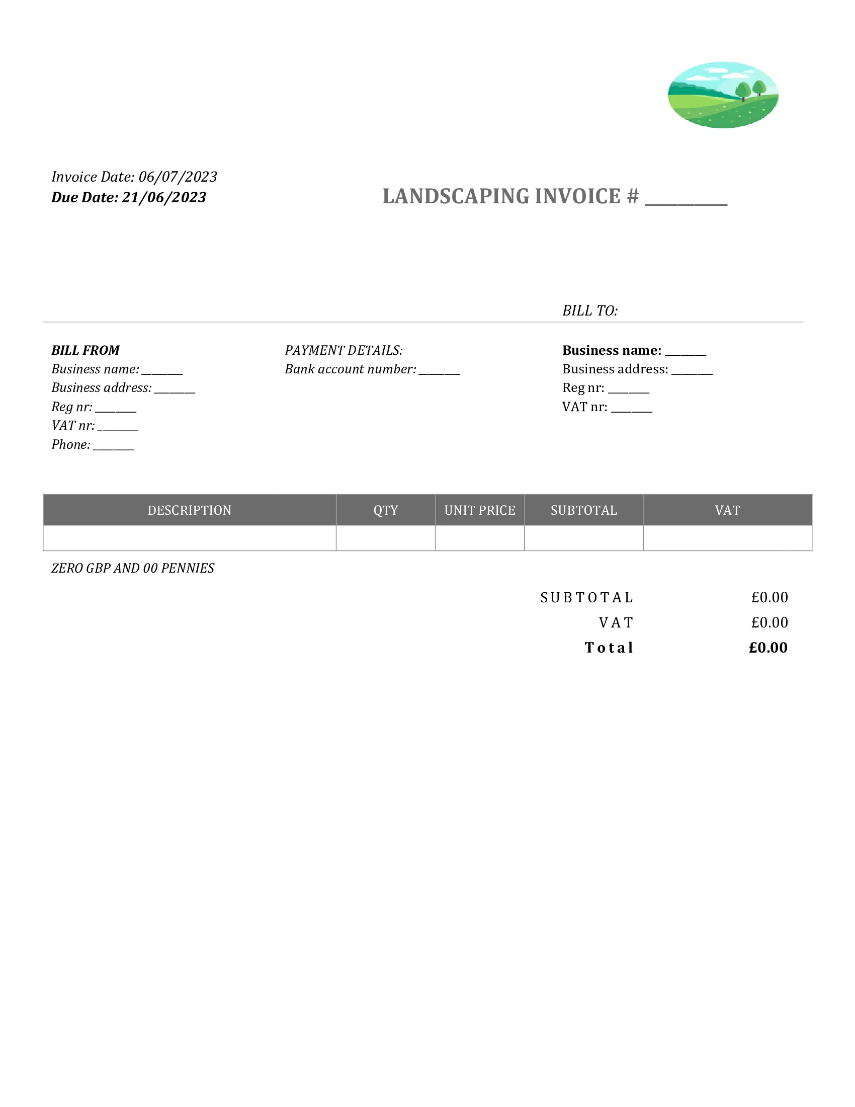 standart landscaping invoice template UK Word / Google docs