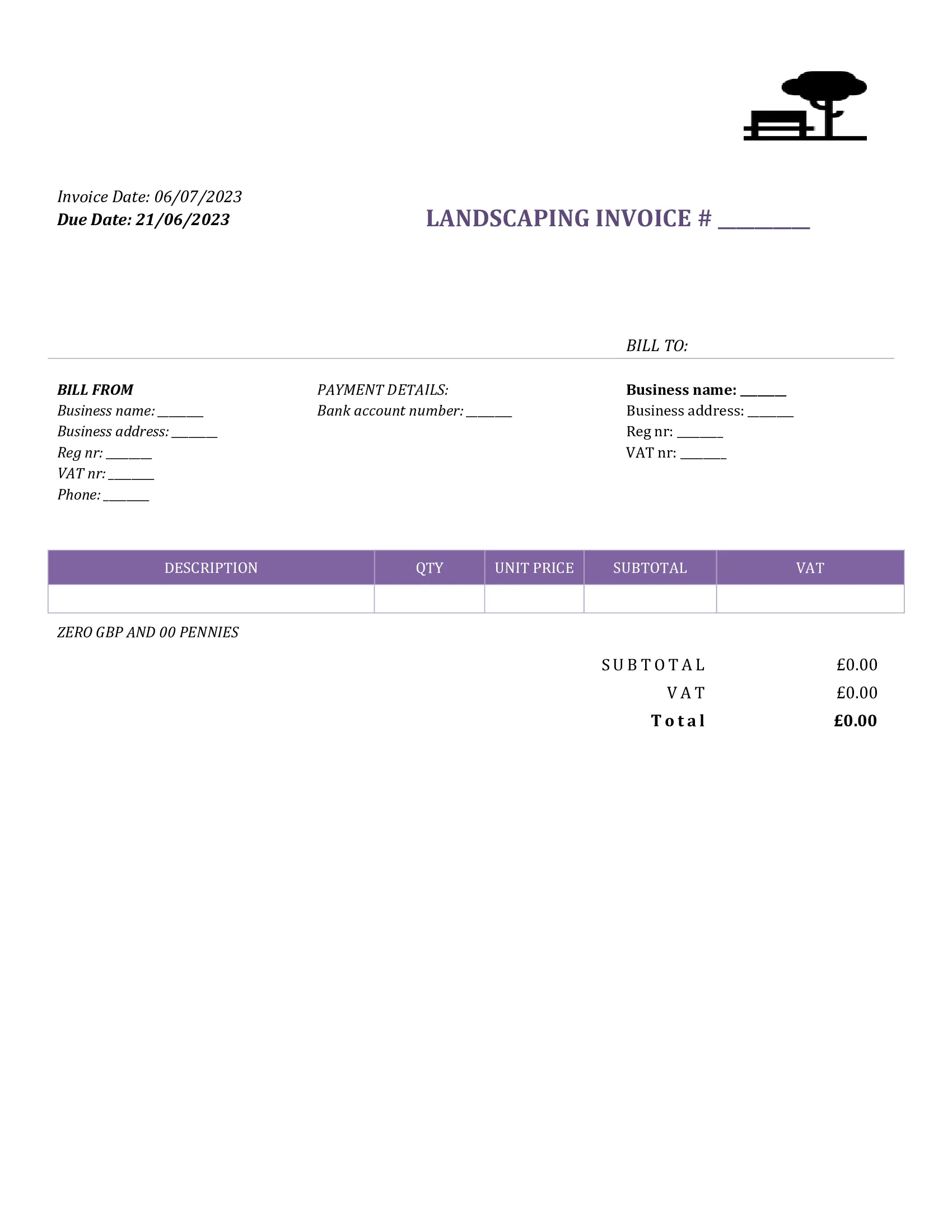 fillable landscaping invoice template UK Word / Google docs