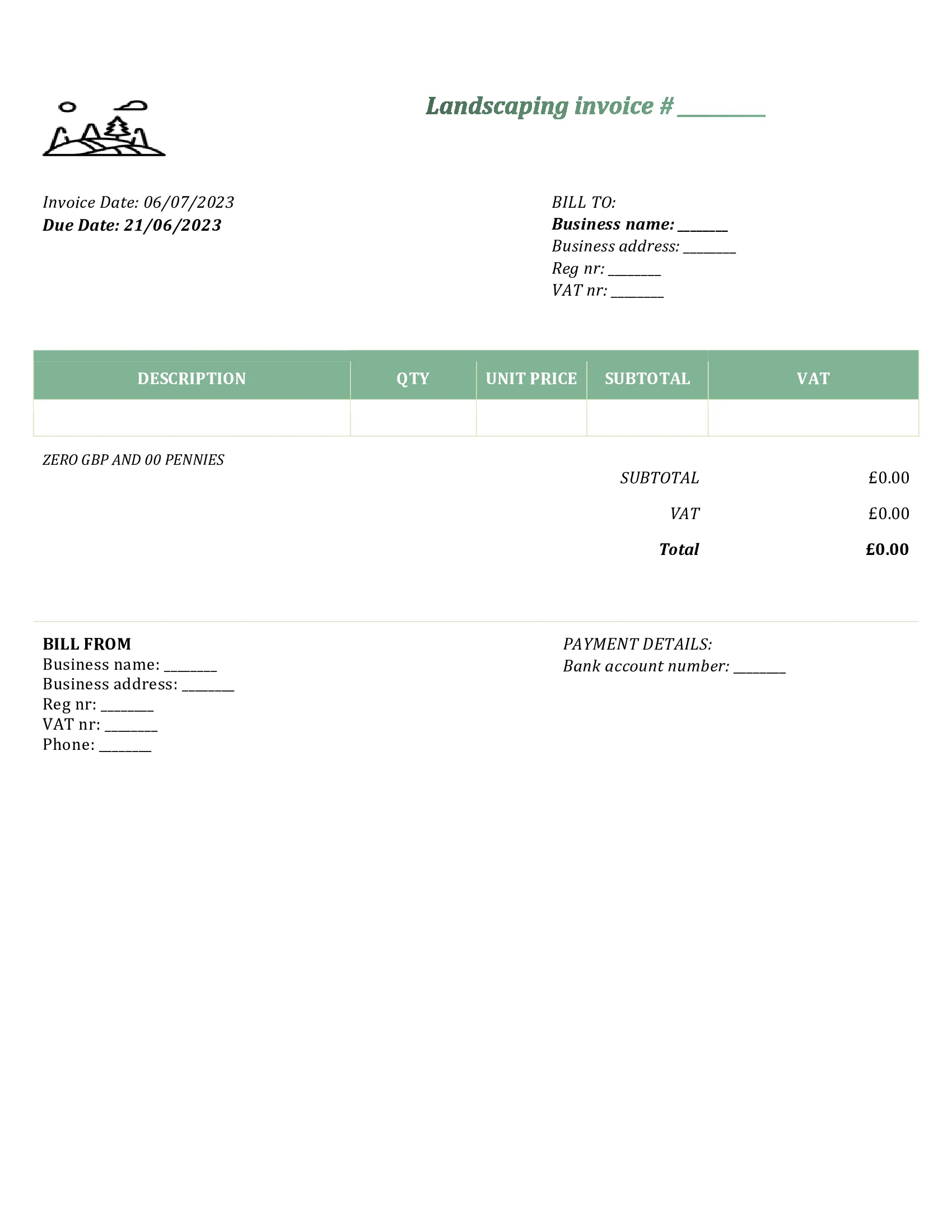 customizable landscaping invoice template UK Word / Google docs