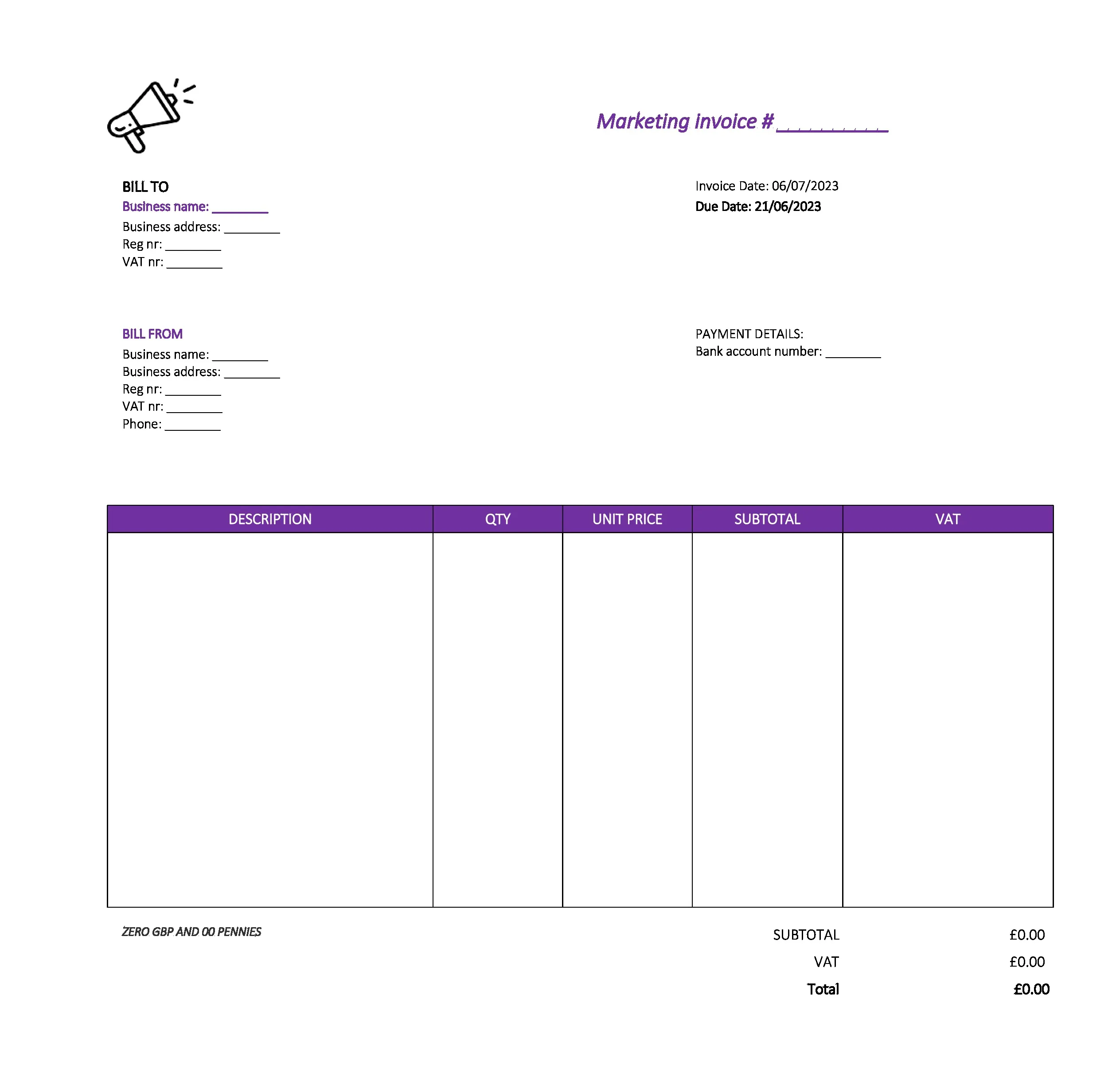 cool marketing invoice template UK Excel / Google sheets