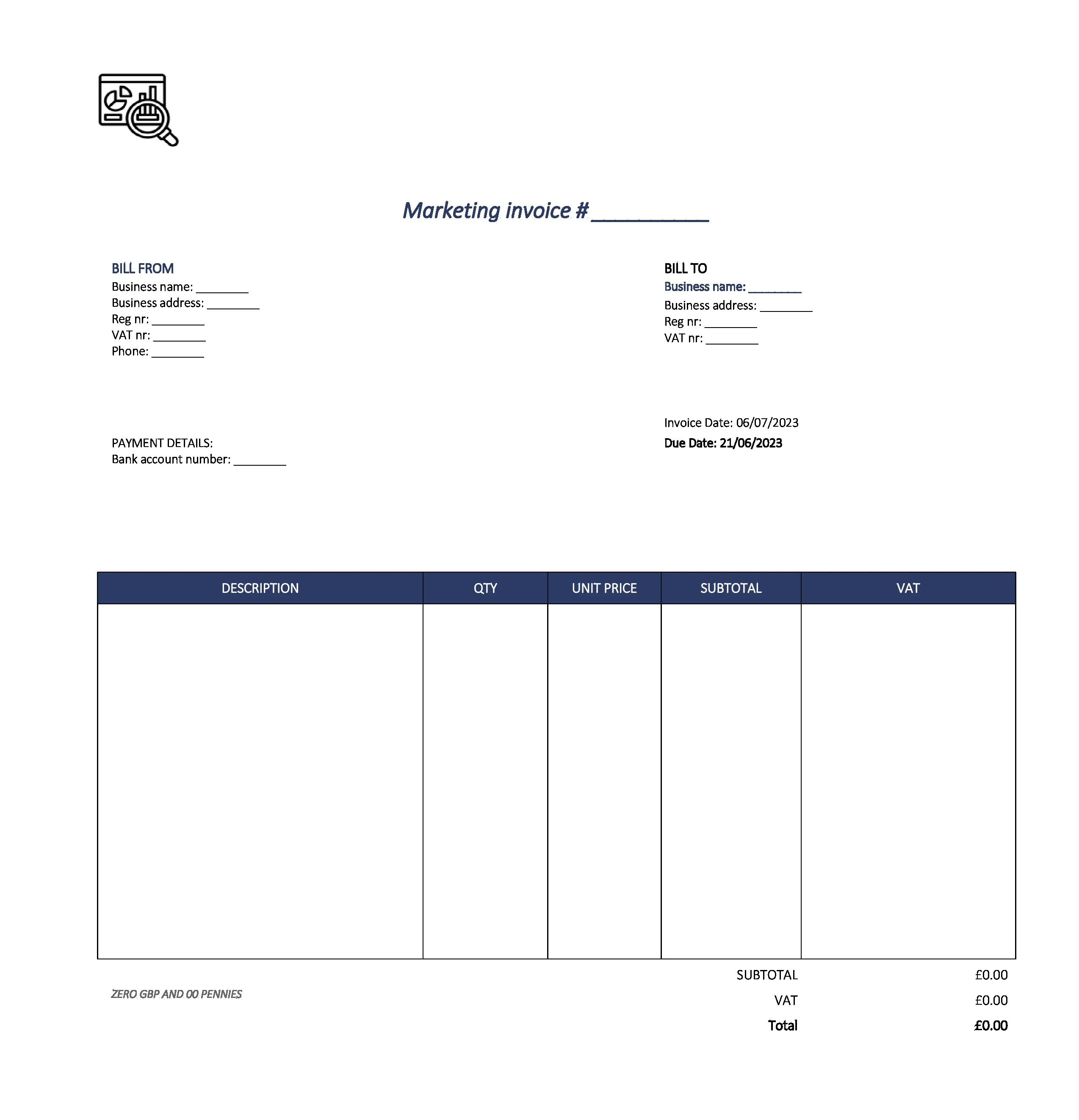 detailed marketing invoice template UK Excel / Google sheets