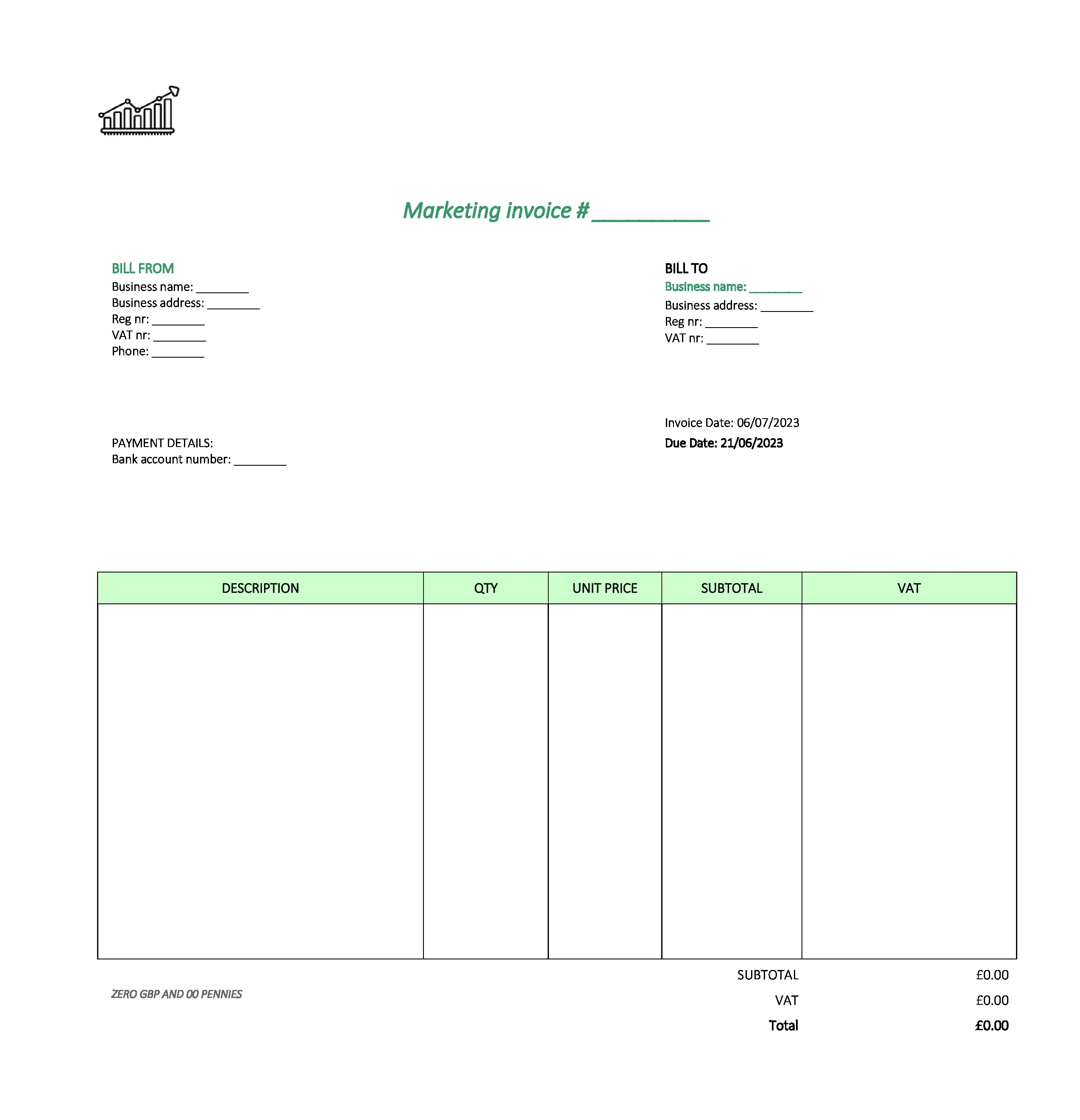 with logo marketing invoice template UK Excel / Google sheets