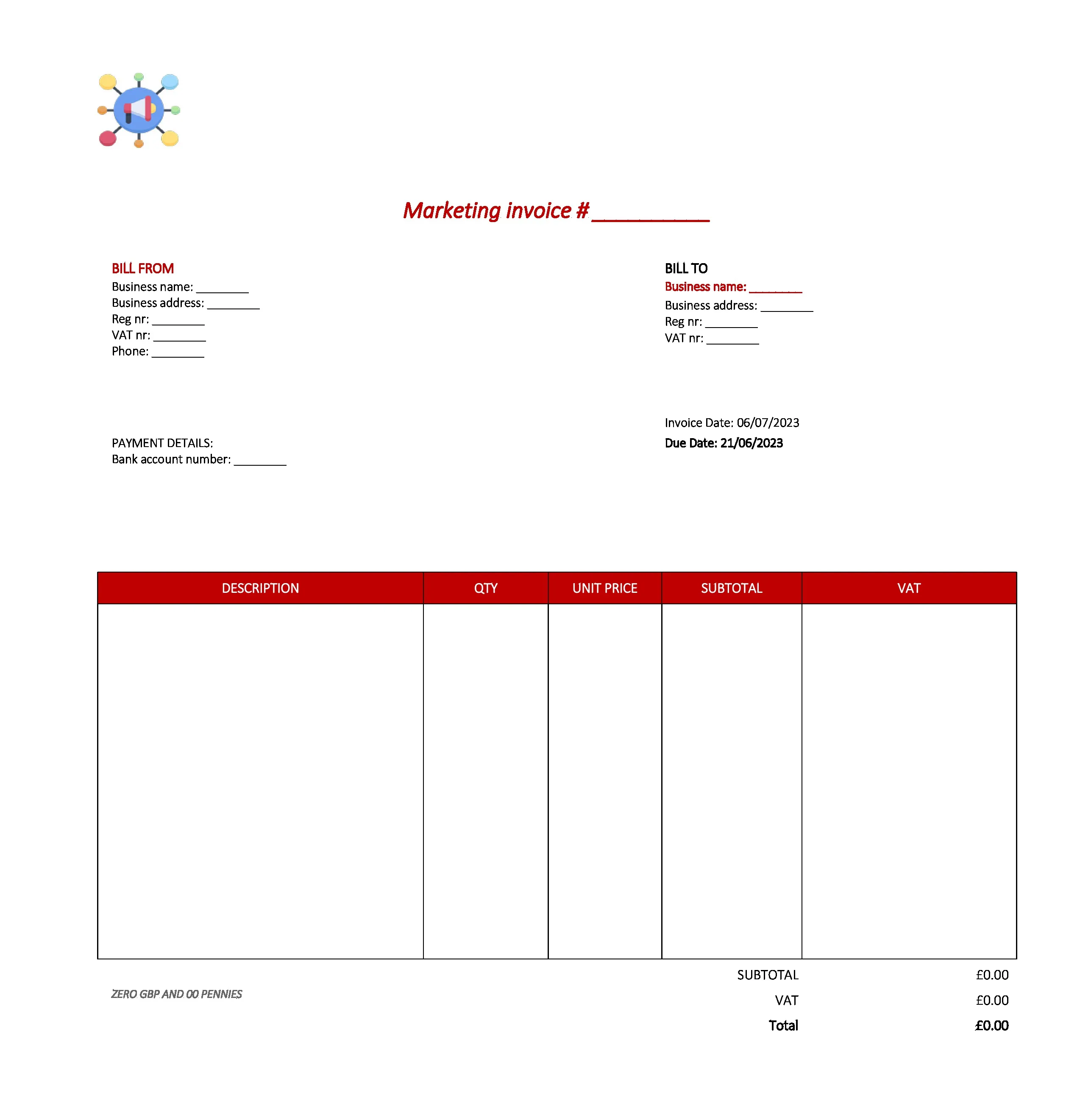 best marketing invoice template UK Excel / Google sheets