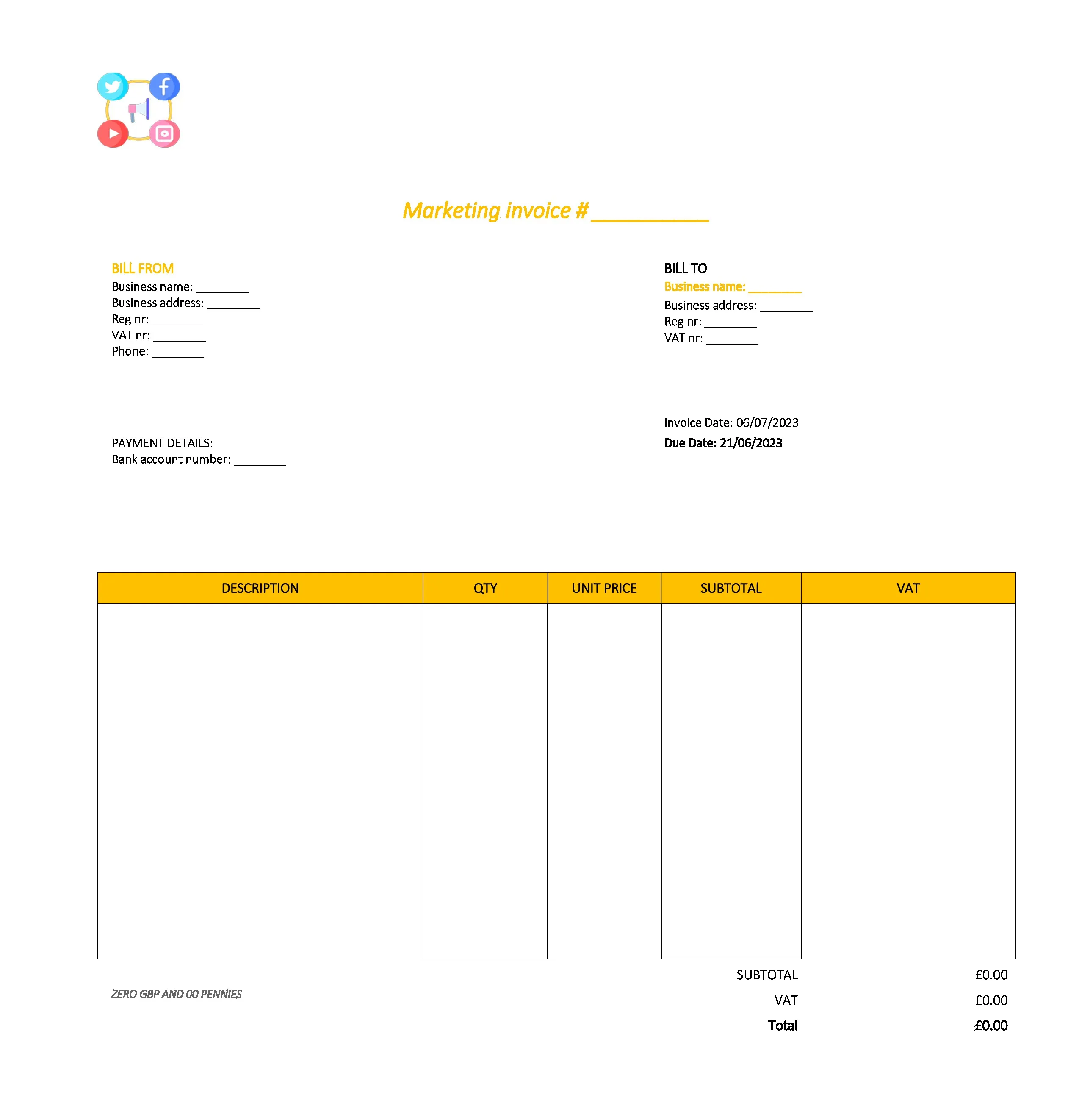 draft marketing invoice template UK Excel / Google sheets