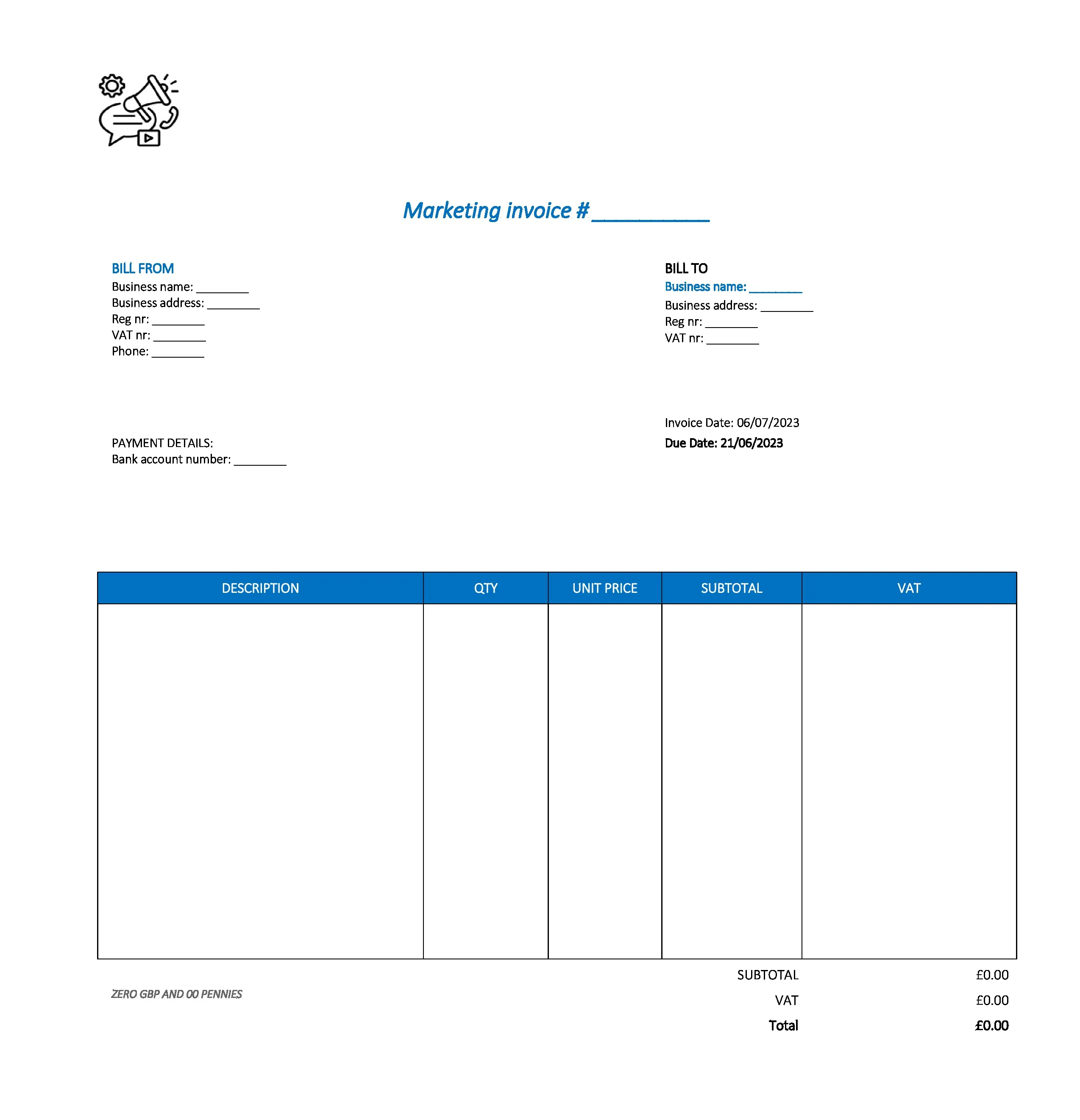 typical marketing invoice template UK Excel / Google sheets